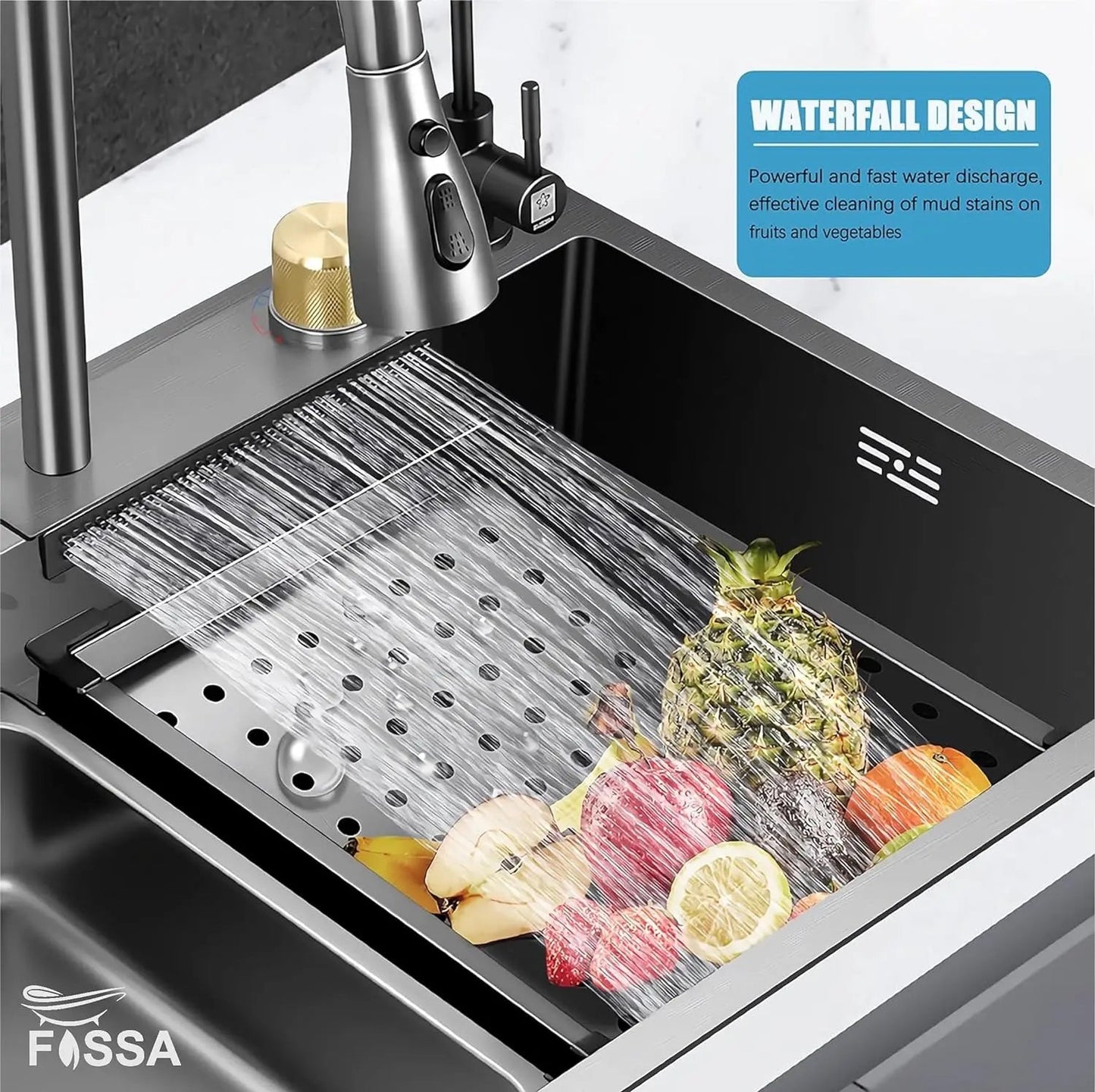Fossa 27"x18"x10" inch Single Bowl Waterfall Kitchen Sink SS-304 grade Honeycomb Embossed Sink with White Nano Coating, Stainless Steel, Rectangular Workstation, faucet With all Accessories.-2