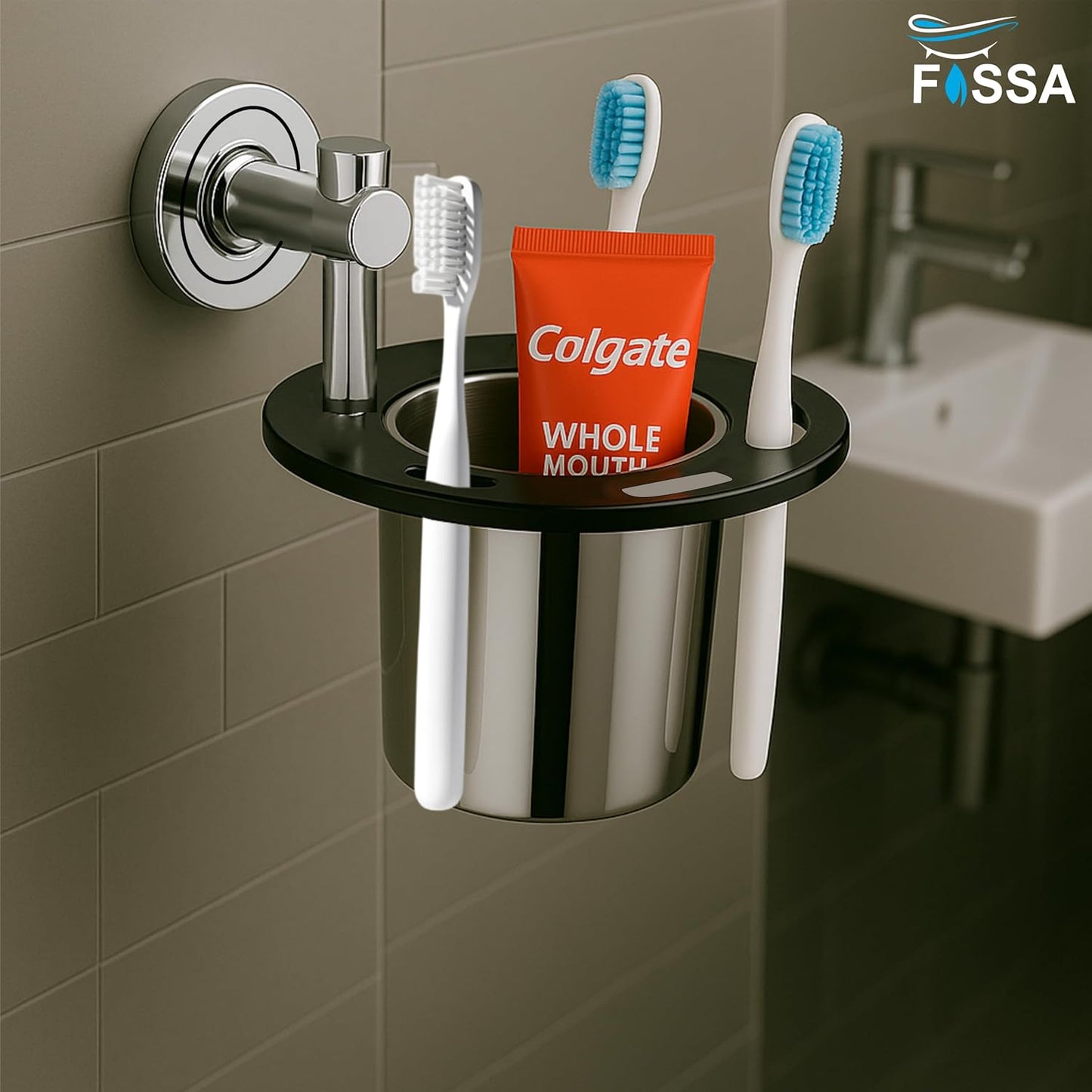 Fossa Brush Holder β Stainless Steel Wall Mounted Tumbler & Toothbrush Holder for Bathroom | Rustproof Organizer & Bathroom Accessories Set | Black + Chrome-1