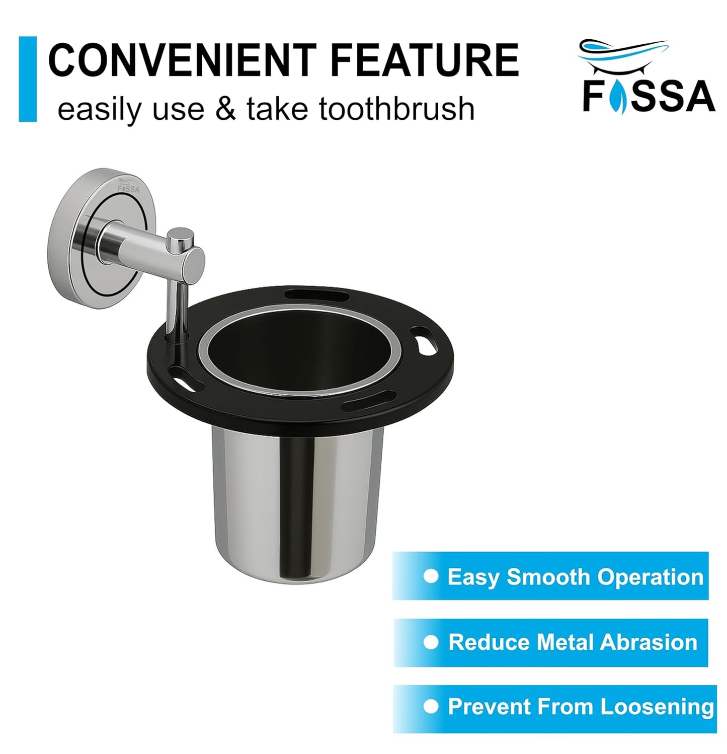 Fossa Brush Holder β Stainless Steel Wall Mounted Tumbler & Toothbrush Holder for Bathroom | Rustproof Organizer & Bathroom Accessories Set | Black + Chrome-4