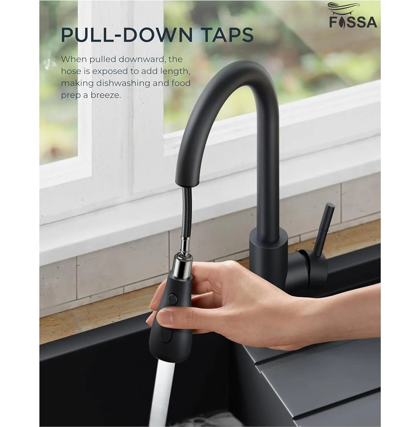 Fossa Heavy SUS 304 Stainless Steel Silver Single Lever Sink Hot & Cold Water Mixer Pull Down Tap Kitchen Sink Faucet with Pull Out Sprayer for... (Black)-1
