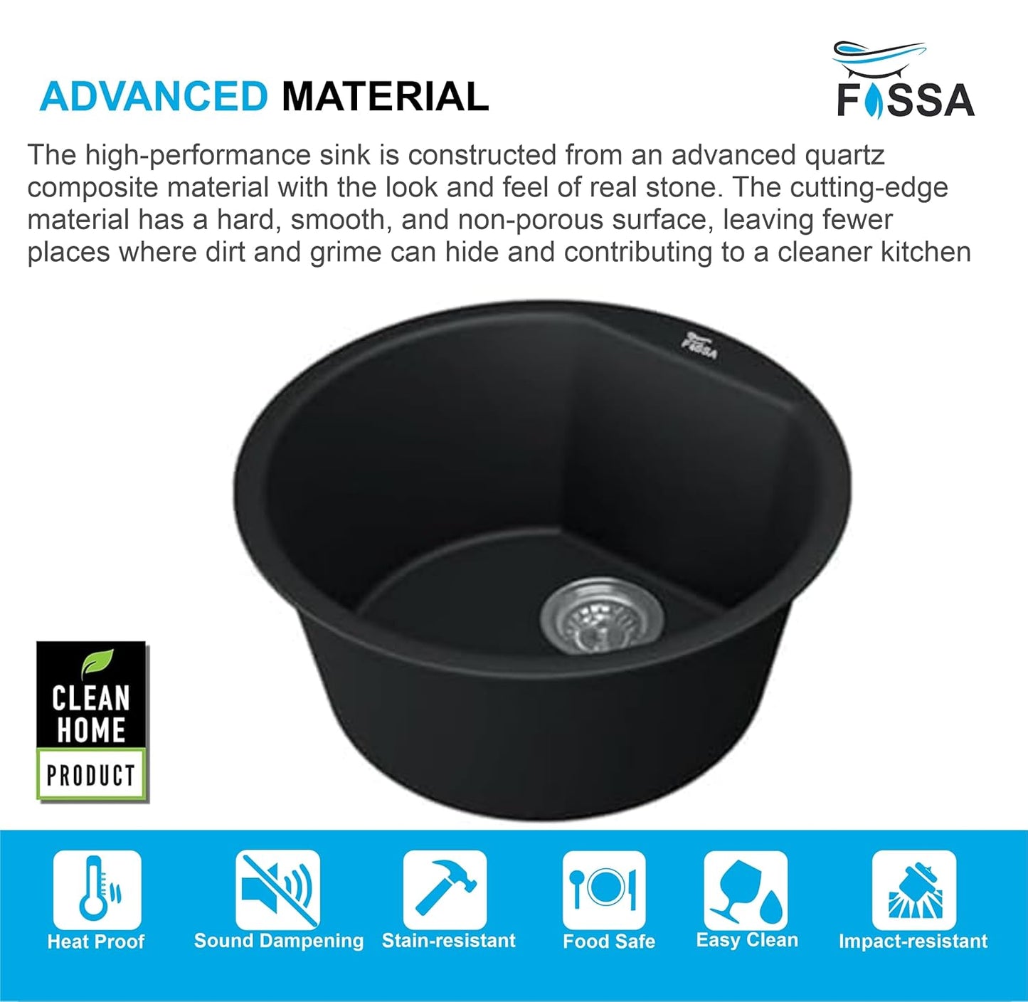 Fossa 18"x18"x08" Inch Round Bar Sink, Thicken Single Bowl Kitchen Sinks, Quartz German Engineered Technology Kitchen Sink Easy-to-Clean Sink for Outdoor Indoor Catering Restaurant Hospital (Black)-4