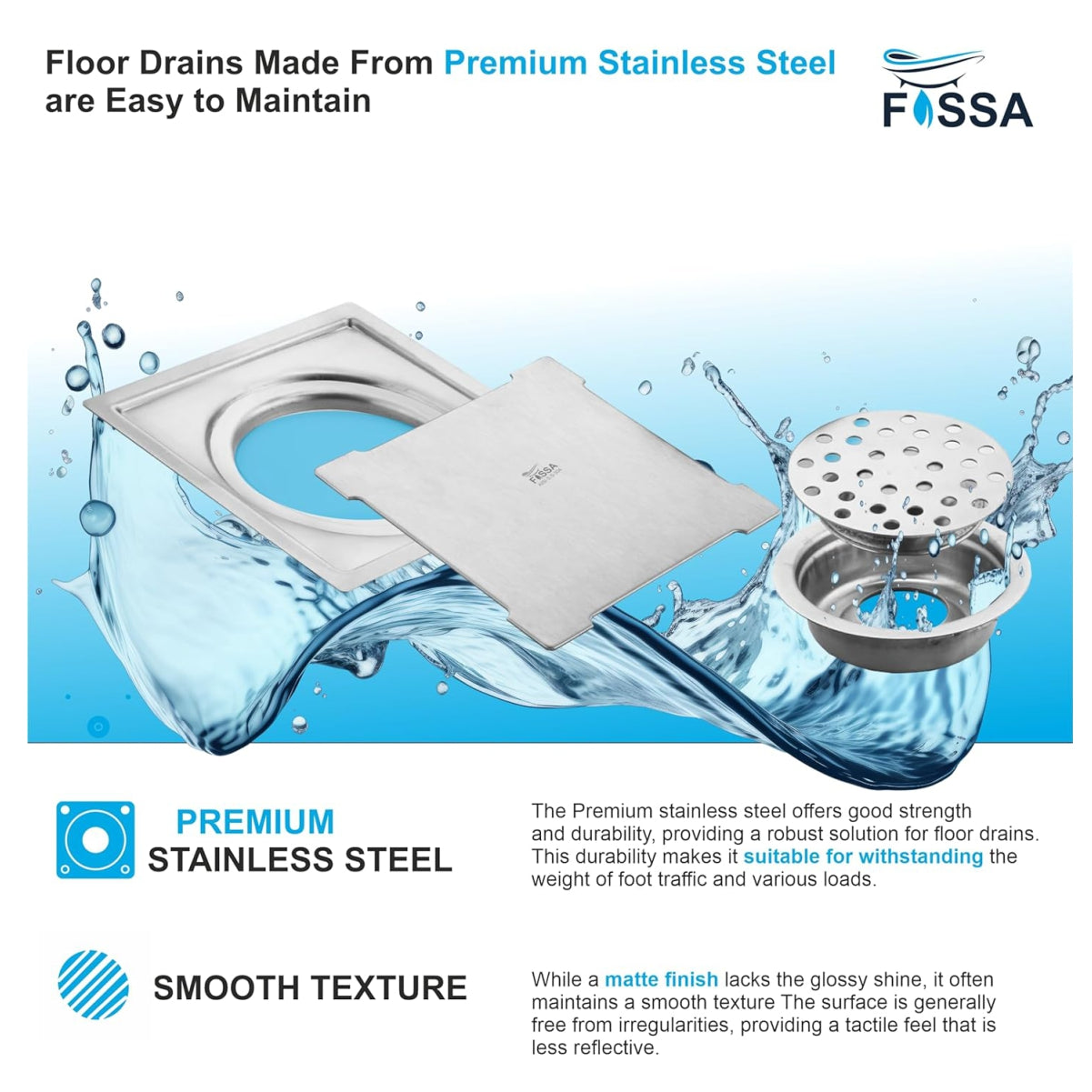 Fossa Flair 5"X5" Inch Floor Drain, Premium Stainless Steel, for Bathroom Grating Square Floor Drain Jali, Matte Finish-3