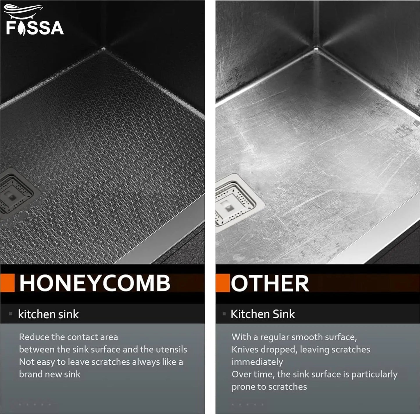 Fossa 20"x17"x09" Inch Single Bowl Honeycomb Embossed Kitchen Sink with Nano Coating (Black )-4