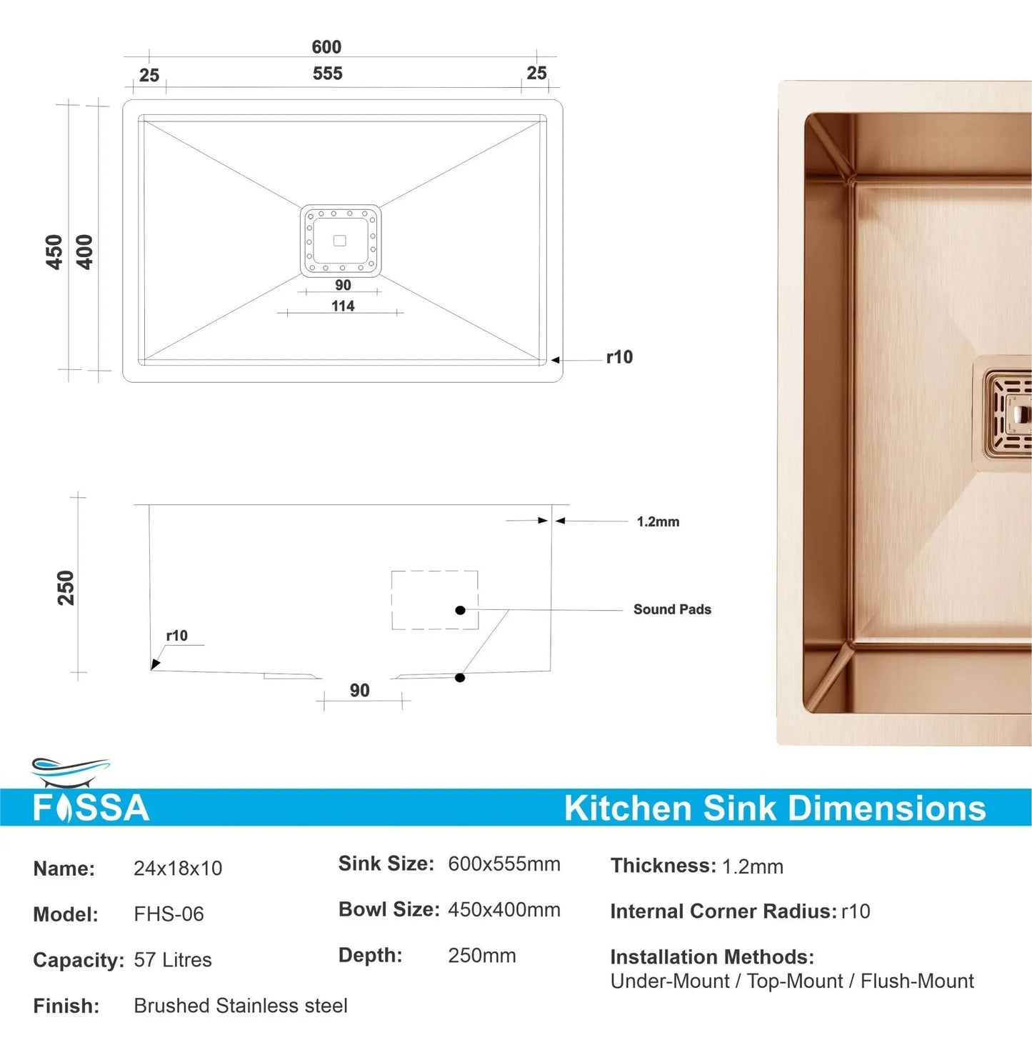Fossa 24"x18"x10" Inch Single Bowl SS-304 Grade Stainless Steel Handmade Kitchen Sink Rose Gold-1