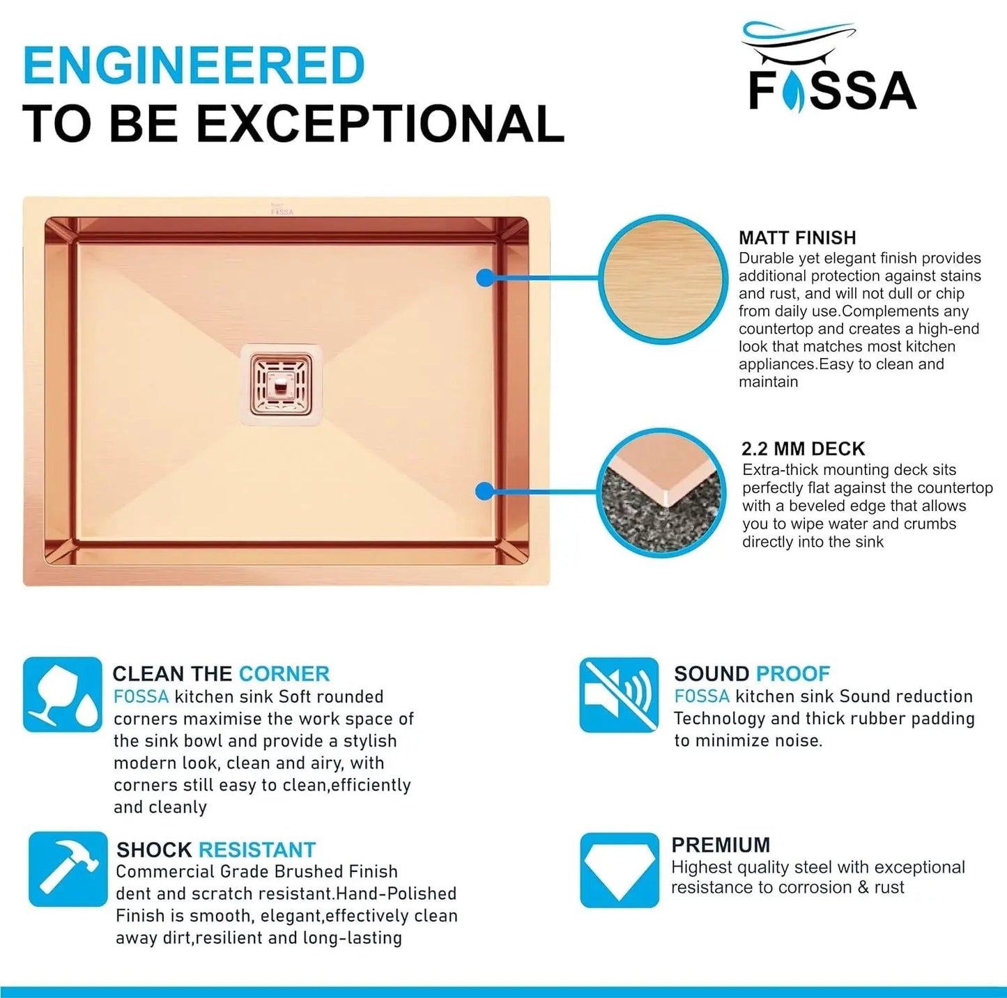Fossa 24"x18"x10" Inch Single Bowl SS-304 Grade Stainless Steel Handmade Kitchen Sink Rose Gold-2