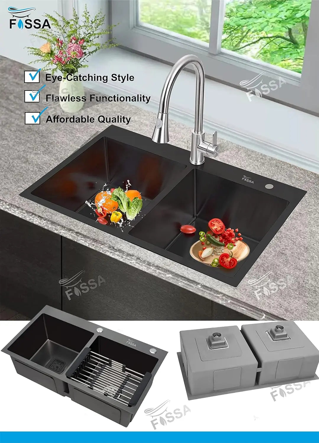 Fossa 32"x18"x10" Inch Double Bowl with Single Tap Hole SS-304 Grade Handmade Kitchen Sink Black-4