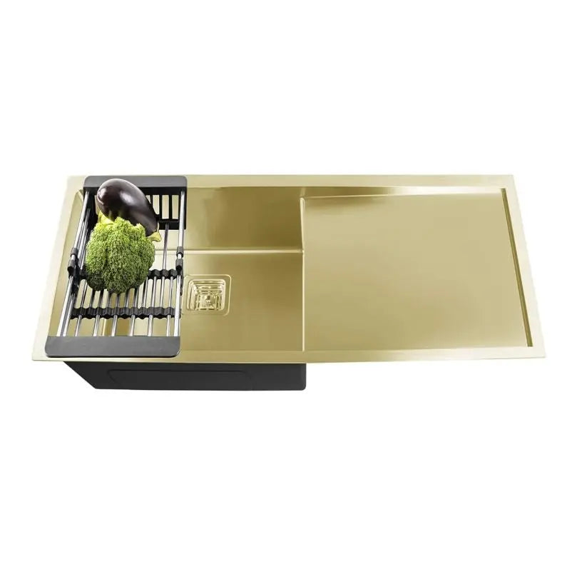 Fossa 37"x18"x10" Inch Single Bowl With Drain Board 304 Grade Handmade Kitchen Sink Gold-0