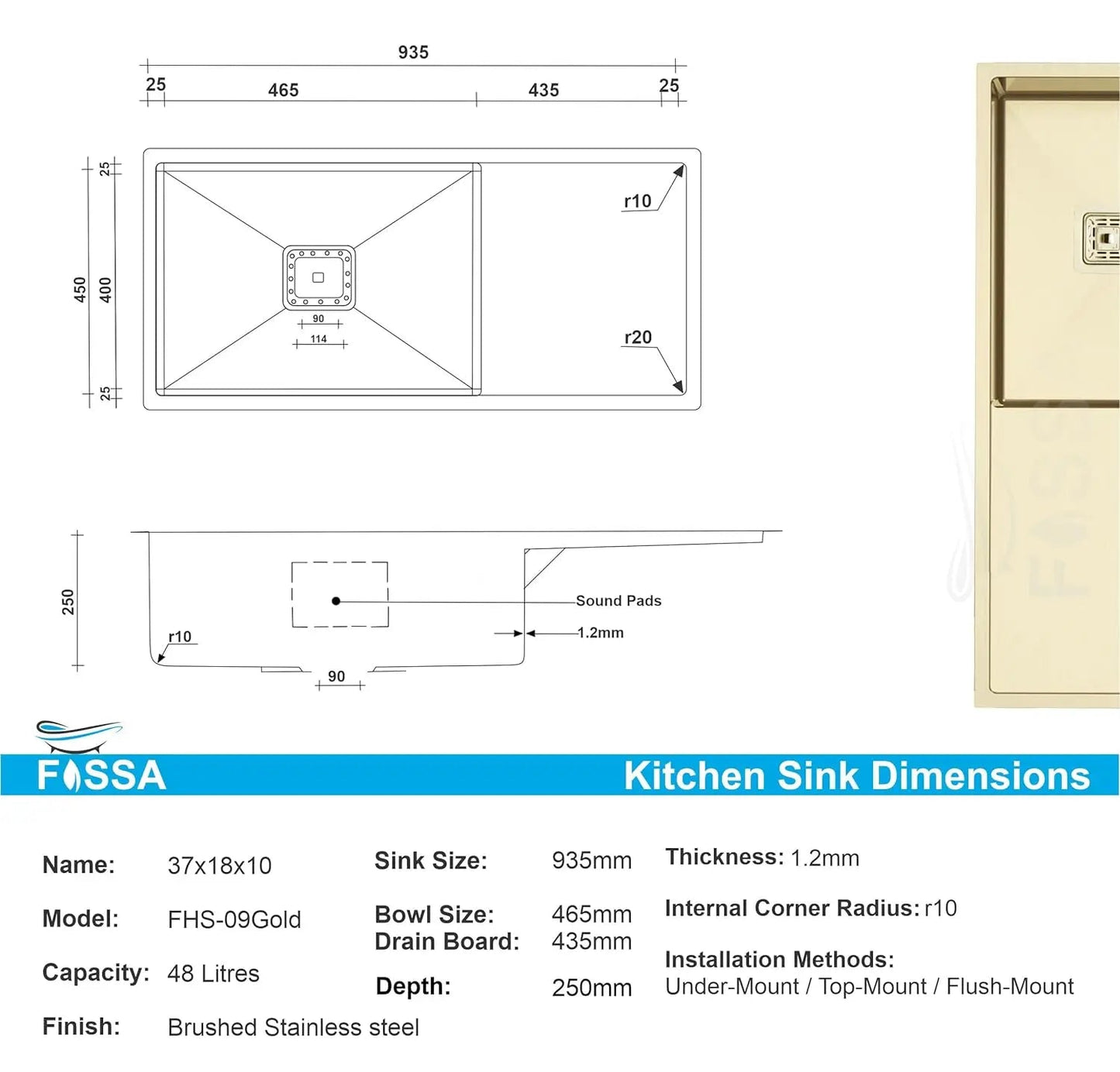 Fossa 37"x18"x10" Inch Single Bowl With Drain Board 304 Grade Handmade Kitchen Sink Gold-1