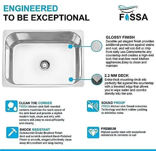 Fossa 22"x18"x08" inch Single Bowl Premium Stainless Steel Kitchen Sink With PVC Coupling Glossy Finish-1