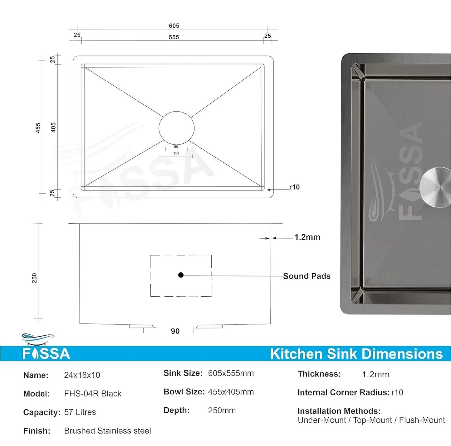 Fossa 24"x18"x10" Inch Single Bowl 304 Grade Stainless Steel Handmade Kitchen Sink Round Coupling Matte Finish FHS-04R Black-1