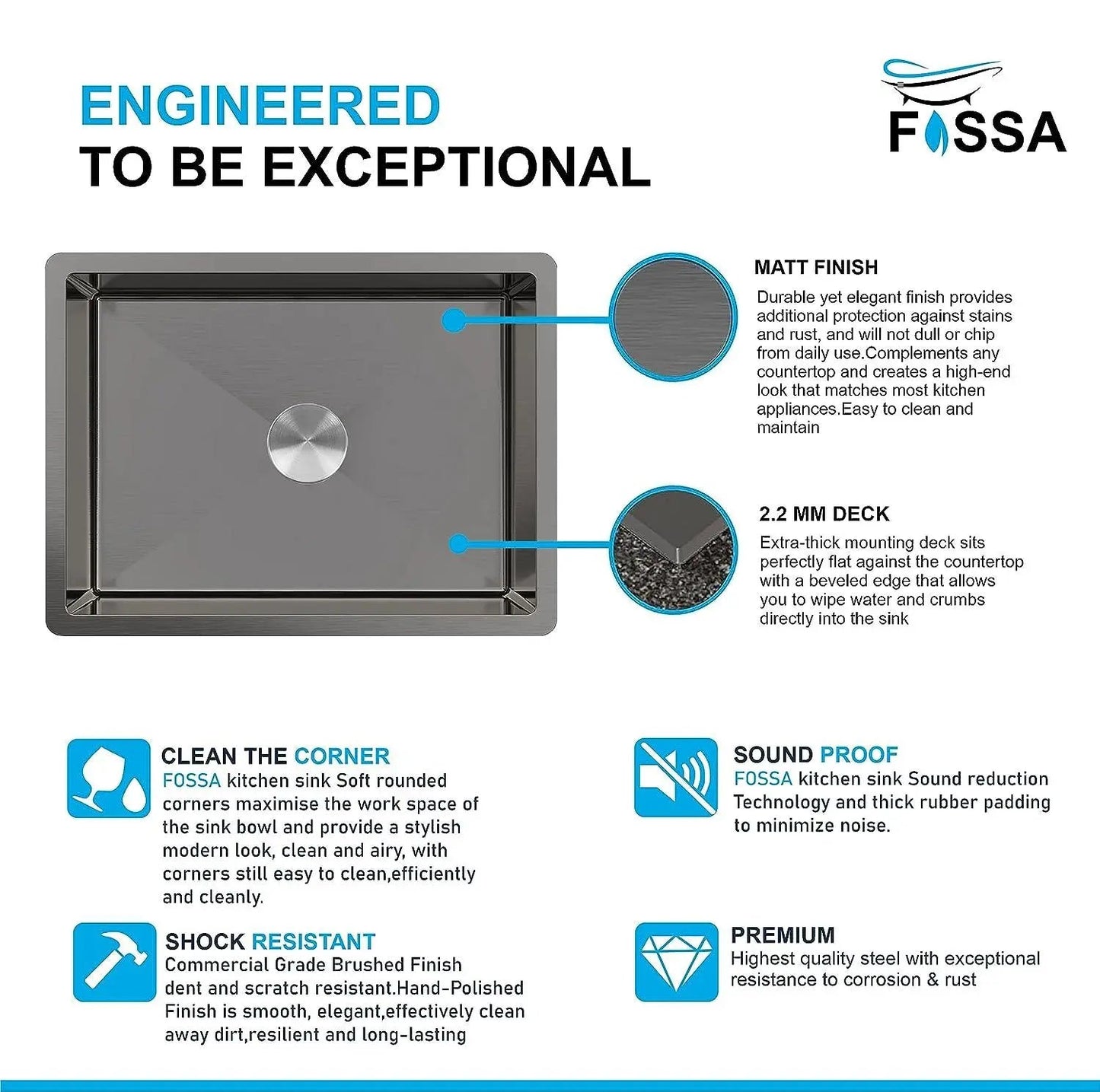 Fossa 24"x18"x10" Inch Single Bowl 304 Grade Stainless Steel Handmade Kitchen Sink Round Coupling Matte Finish FHS-04R Black-3
