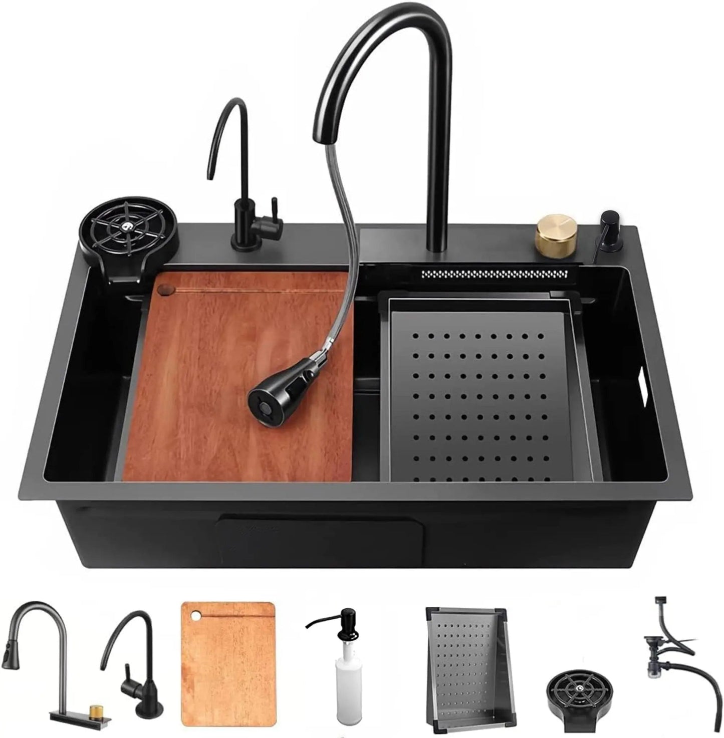 Fossa 24"x18"x10" inch Waterfall Premium Nano Kitchen Sink with Integrated Pull Out Mixer Faucet & Complete Set-0