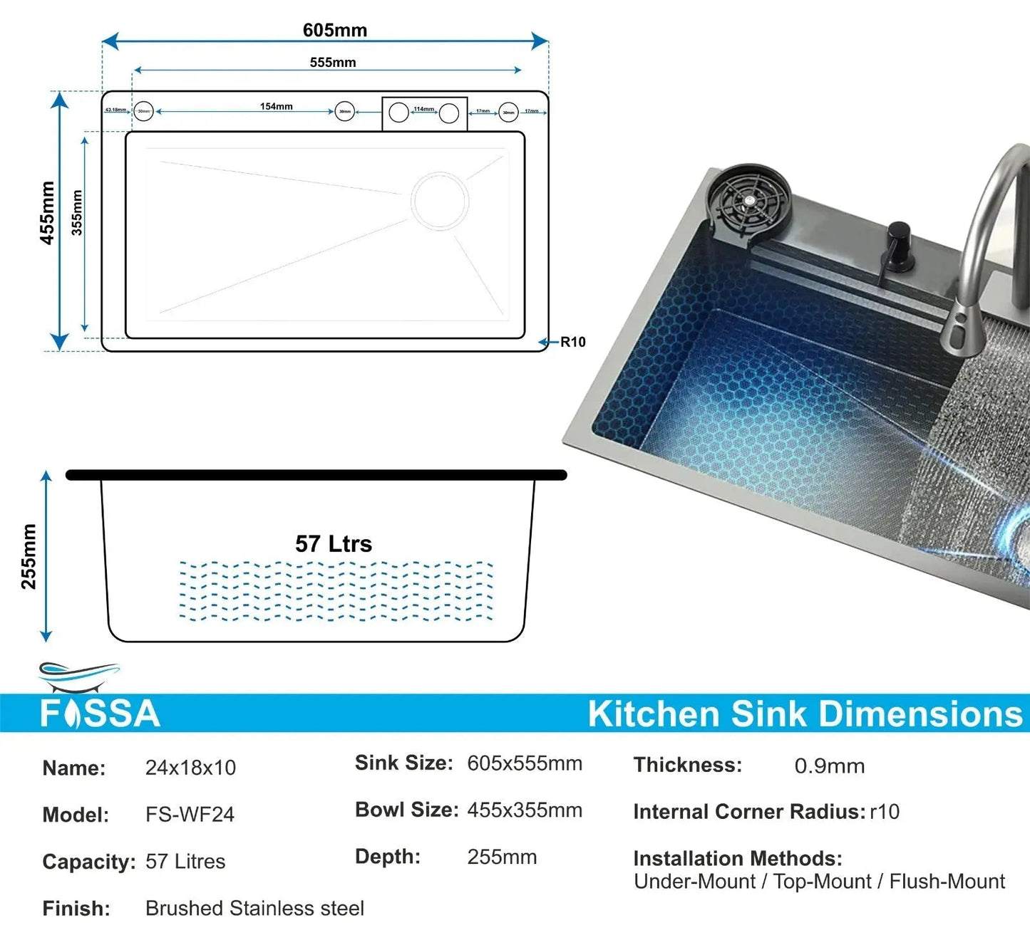 Fossa 24"x18"x10" inch Waterfall Premium Nano Kitchen Sink with Integrated Pull Out Mixer Faucet & Complete Set-1