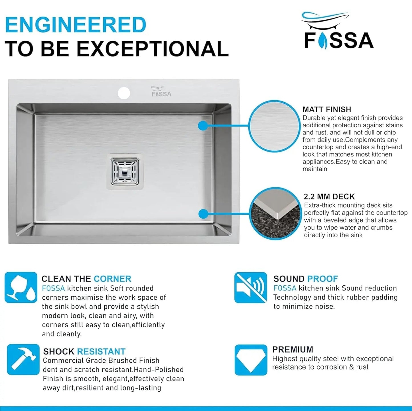 Fossa 24"x18"x10" Single Bowl with Tap Hole Premium Stainless Steel Handmade Kitchen Sink Matte Finish Silver-2