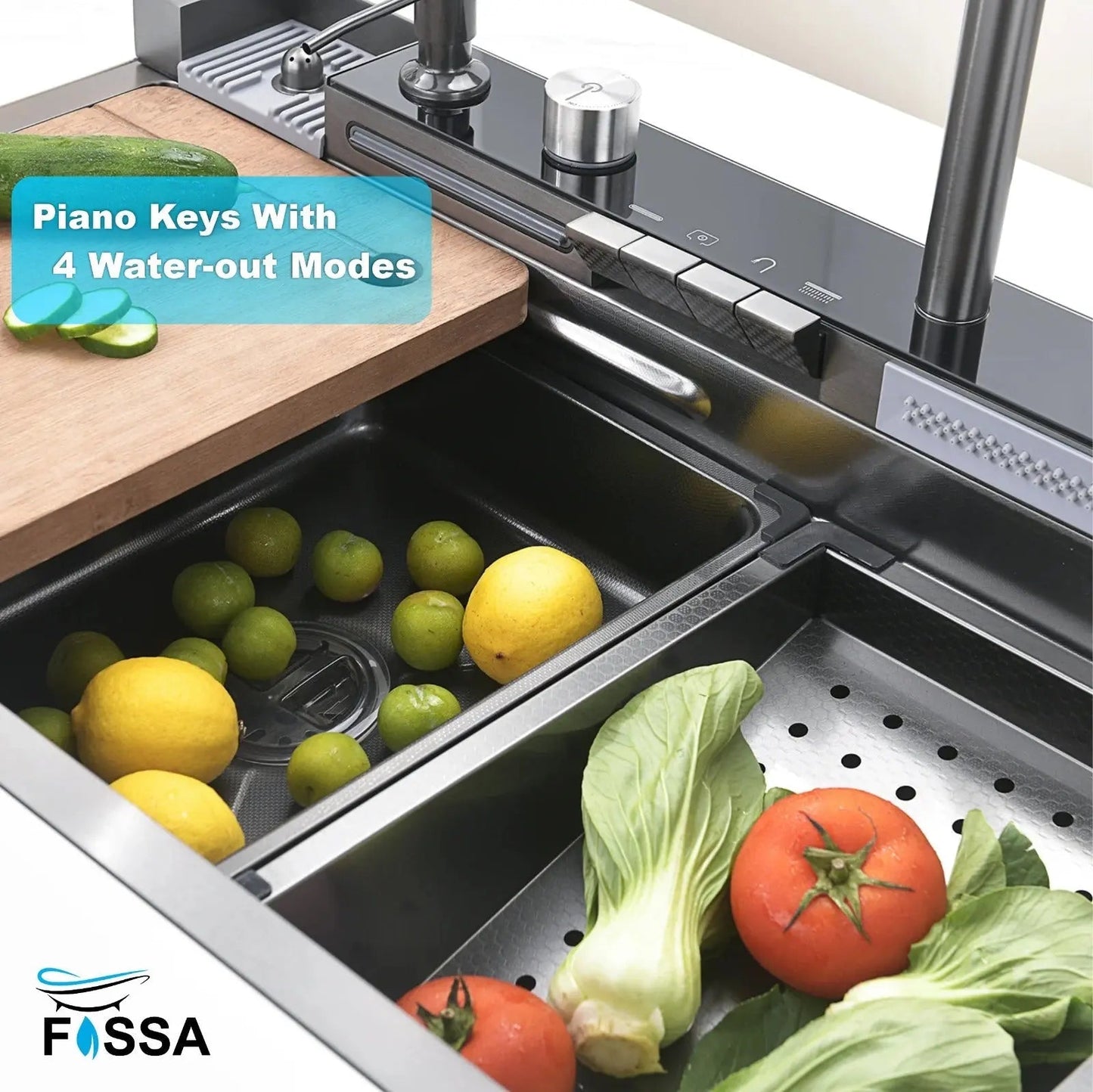 Fossa 30"x18"x10" inch Piano Fully Equipped Kitchen Sink with Integrated Waterfall and Pull-down Faucets - SS-304 Grade Stainless Steel Sink with LED Pannel and Digital Display - Nano Black Finish-4