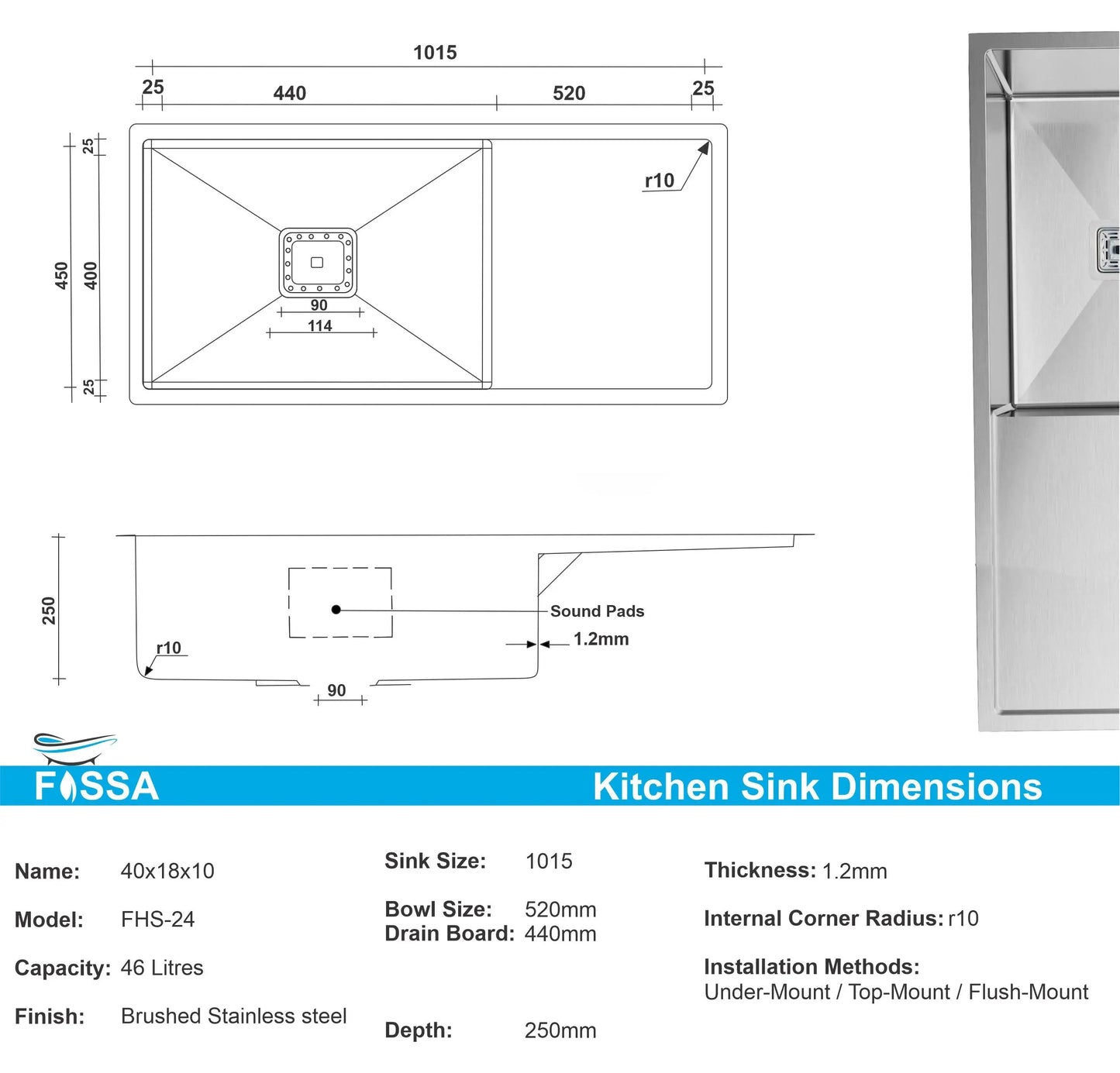 Fossa 40"x18"10" Inch Single Bowl With Drain Board SS-304 Grade Stainless Steel Handmade Kitchen Sink Matte Finish-1