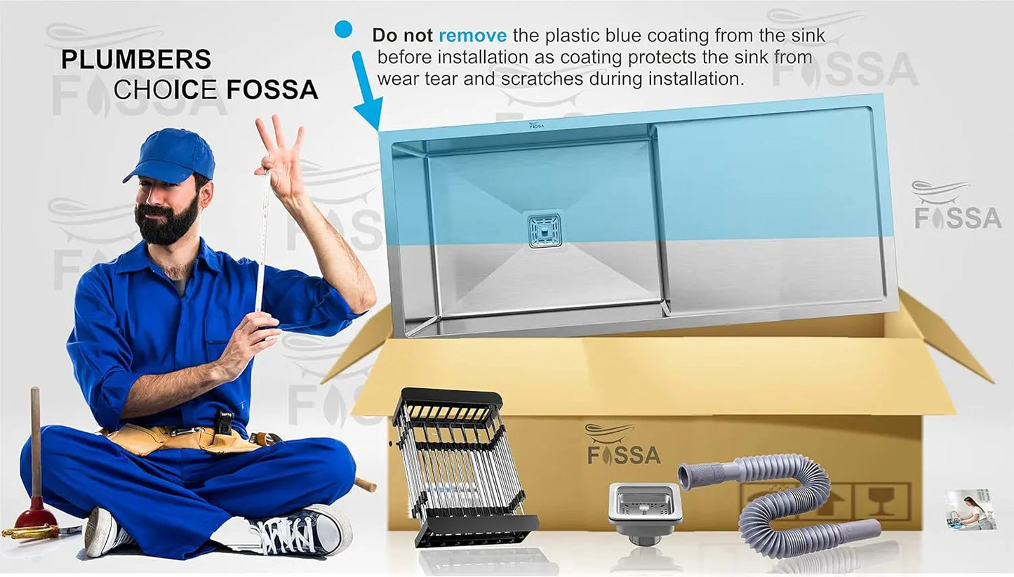Fossa 40"x18"10" Inch Single Bowl With Drain Board SS-304 Grade Stainless Steel Handmade Kitchen Sink Matte Finish-4