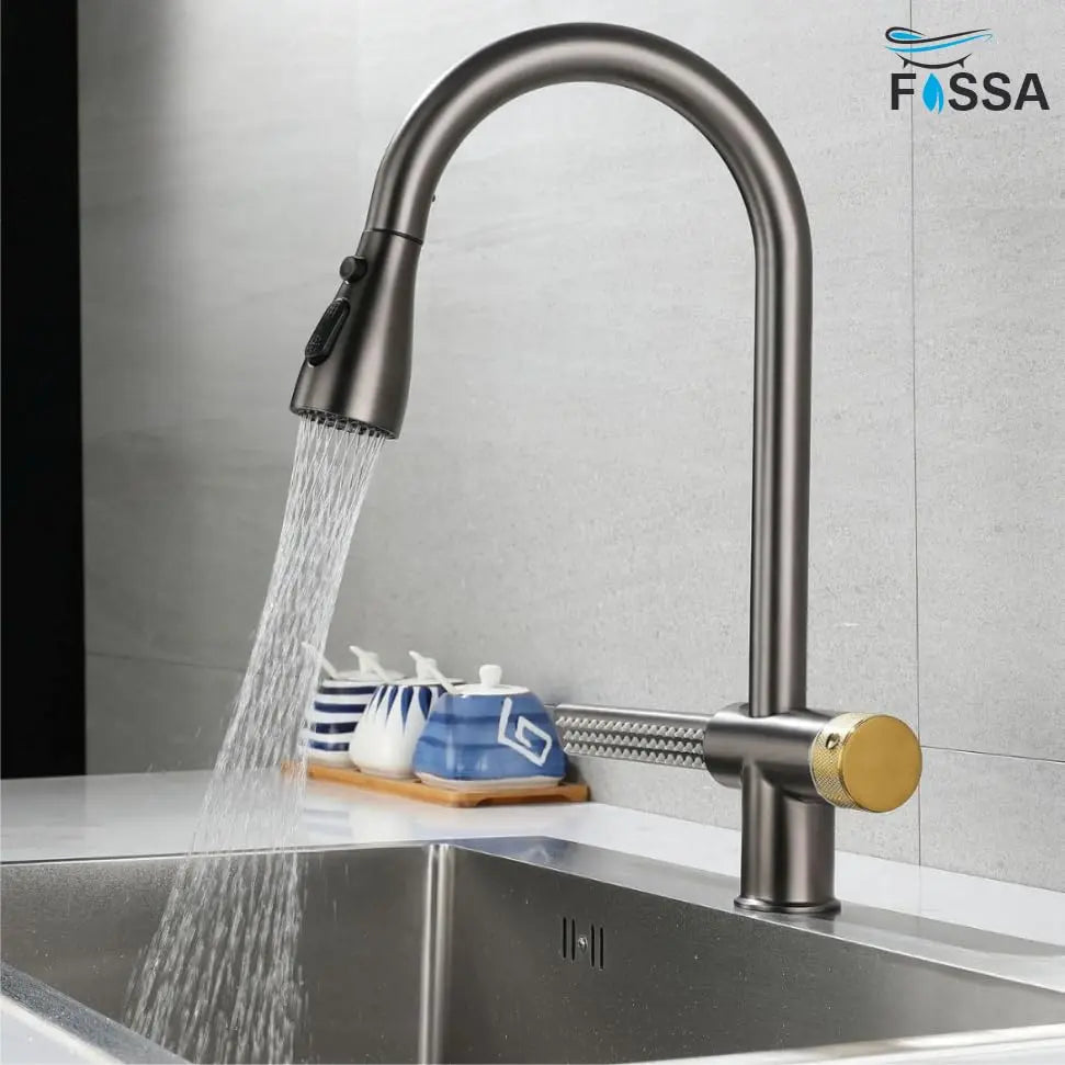 Fossa Kitchen faucets with Pull Down Sprayer with Waterfall Shower Stainless Steel Single Hole Hot and Cold Water Swivel Pull Down Kitchen Faucet-Grey Black (Grey Black)-3