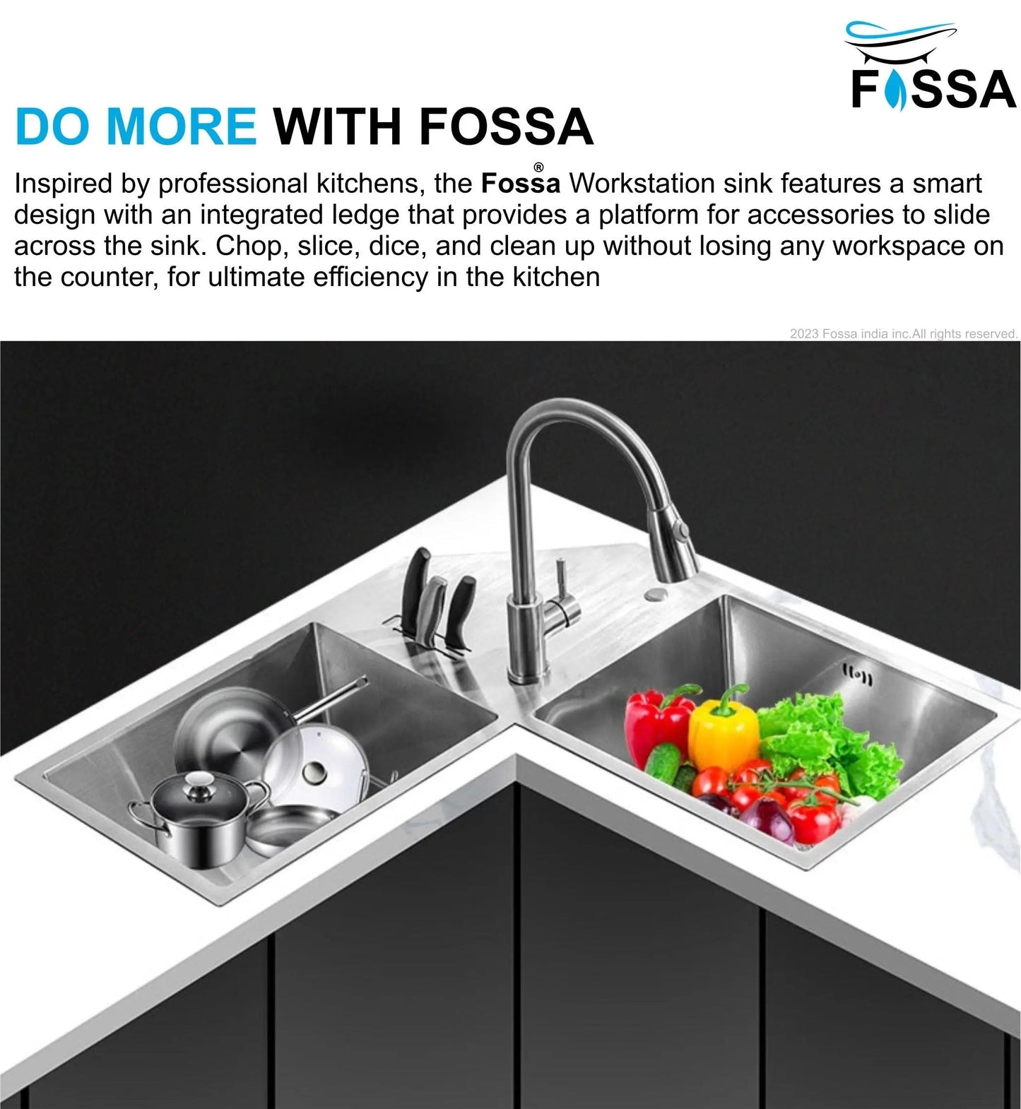 Fossa Corner Sink 36"x36"x10" Double Bowl With Drain Board Premium Handmade Kitchen Sink-2