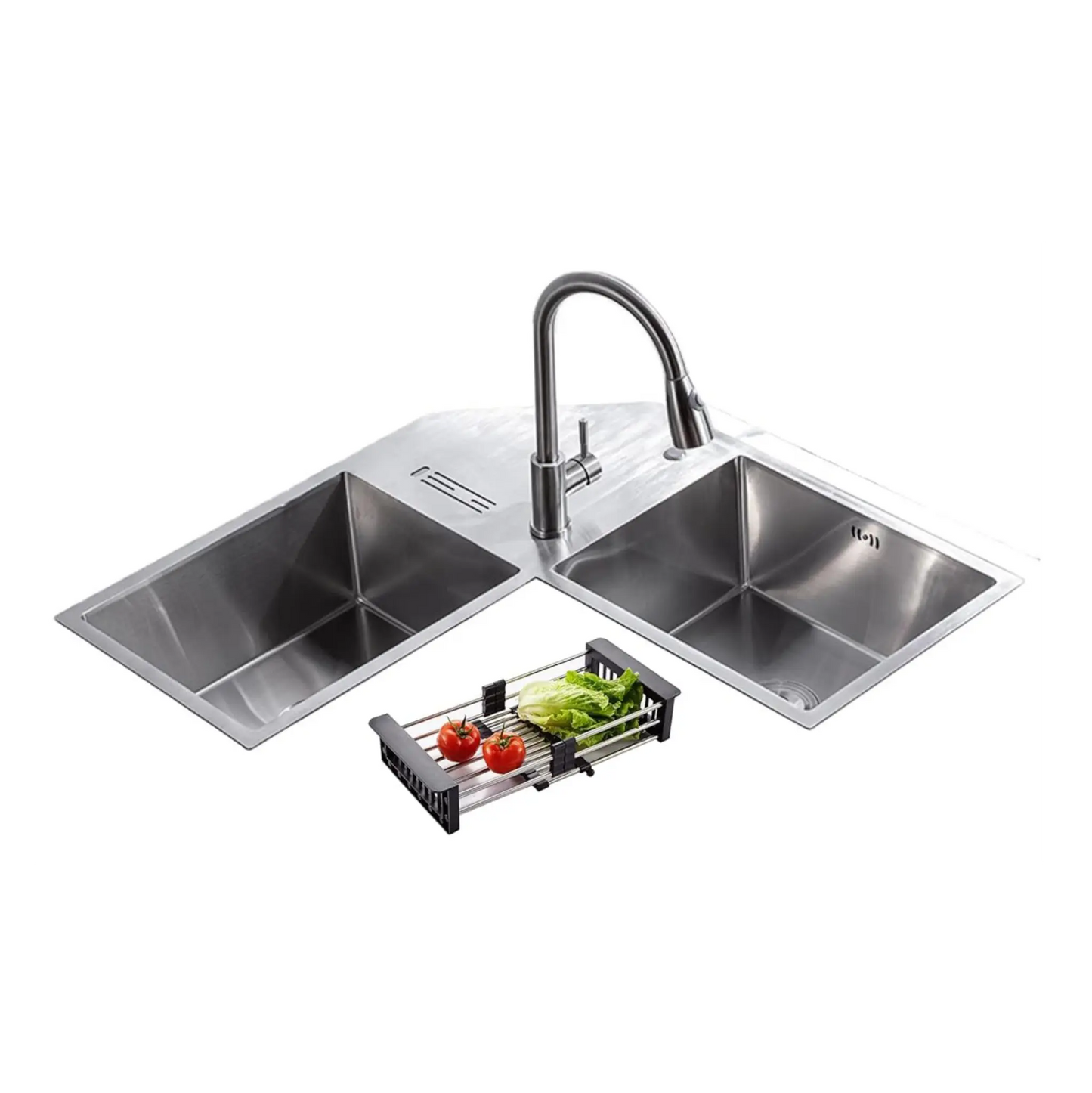 Fossa Corner Sink 36"x36"x10" Double Bowl With Drain Board Premium Handmade Kitchen Sink-0