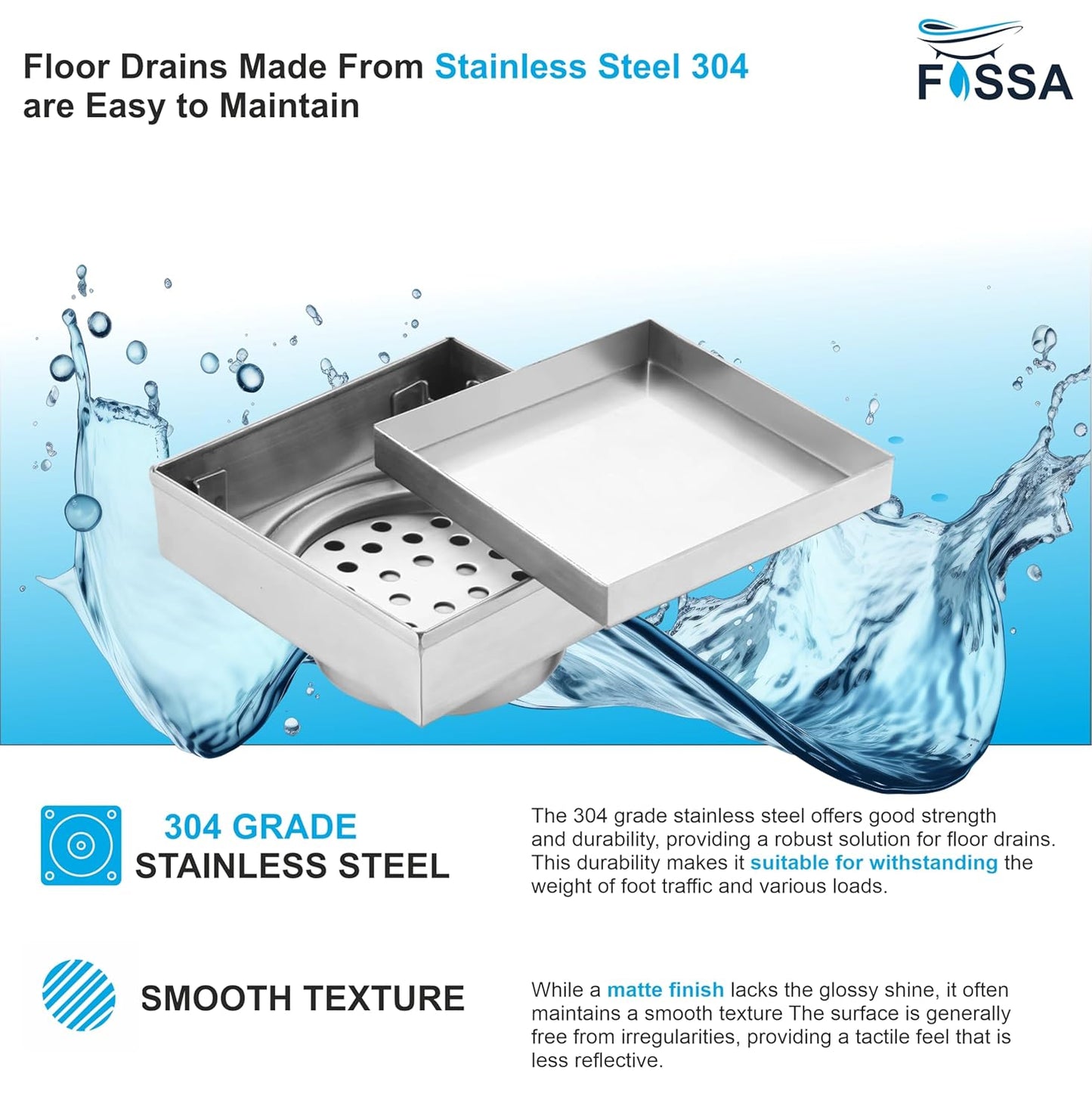Fossa Marble 5"X5" Inch Square Floor Drain, 304 Grade Stainless Steel, for Bathroom Grating Square Floor Drain Jali, (Matte Finish)-3