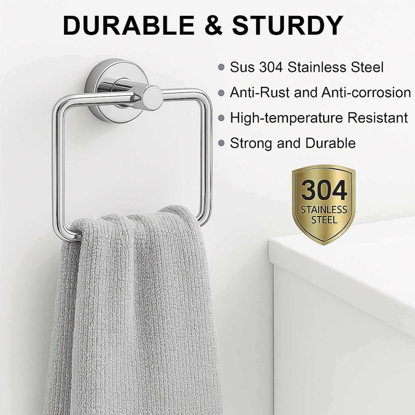 Fossa Stainless Steel Square Towel Ring for Bathroom, Napkin Holder for Wash Basin, Napkin Holder Chrome Finish (Silver)-3