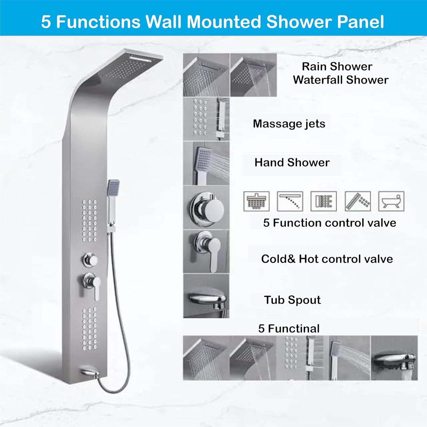 Stainless Steel Shower Panel Full Set, Dual Flow Overhead Waterfall Shower, Hand Shower, Wall Mount Shower Panel For Bathrooms (Silver)-1