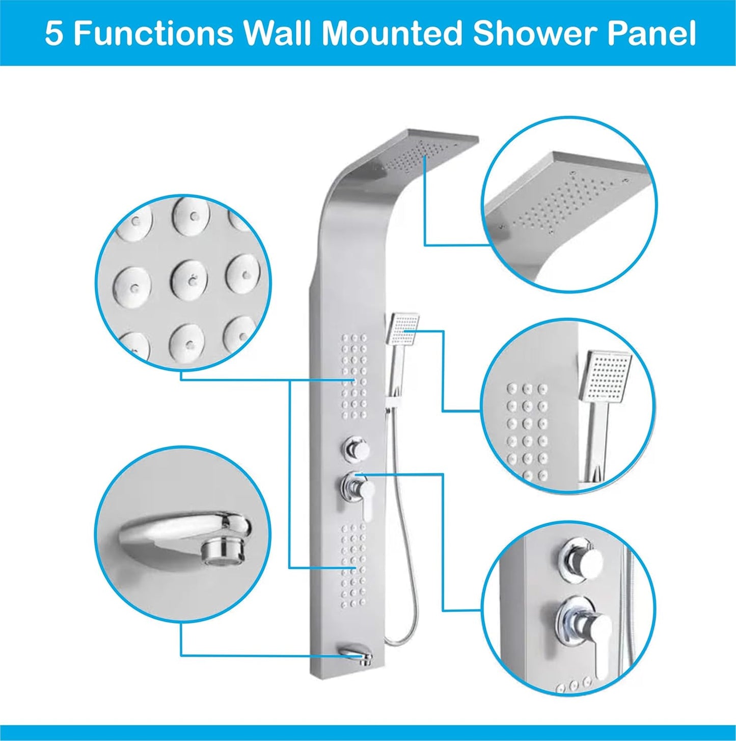 Stainless Steel Shower Panel Full Set, Dual Flow Overhead Waterfall Shower, Hand Shower, Wall Mount Shower Panel For Bathrooms (Silver)-3