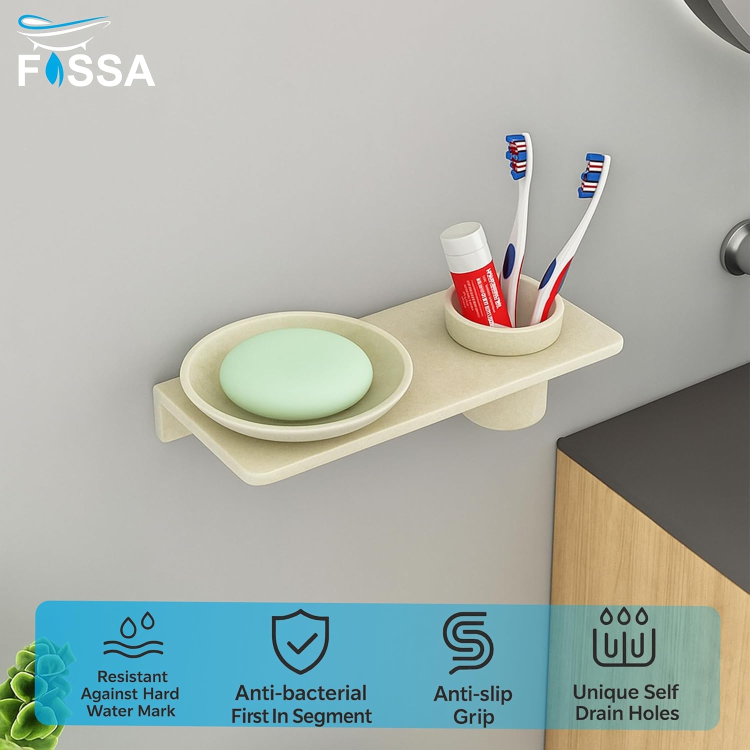 Fossa Classic Ceramic Wall Mounted Soap Dish with Toothbrush Holder – Compact Bathroom, Anti-Bacterial, Rust & Fade Resistant | Modern Soap Holder for Daily Use | Ivory (Glossy Finish)-4