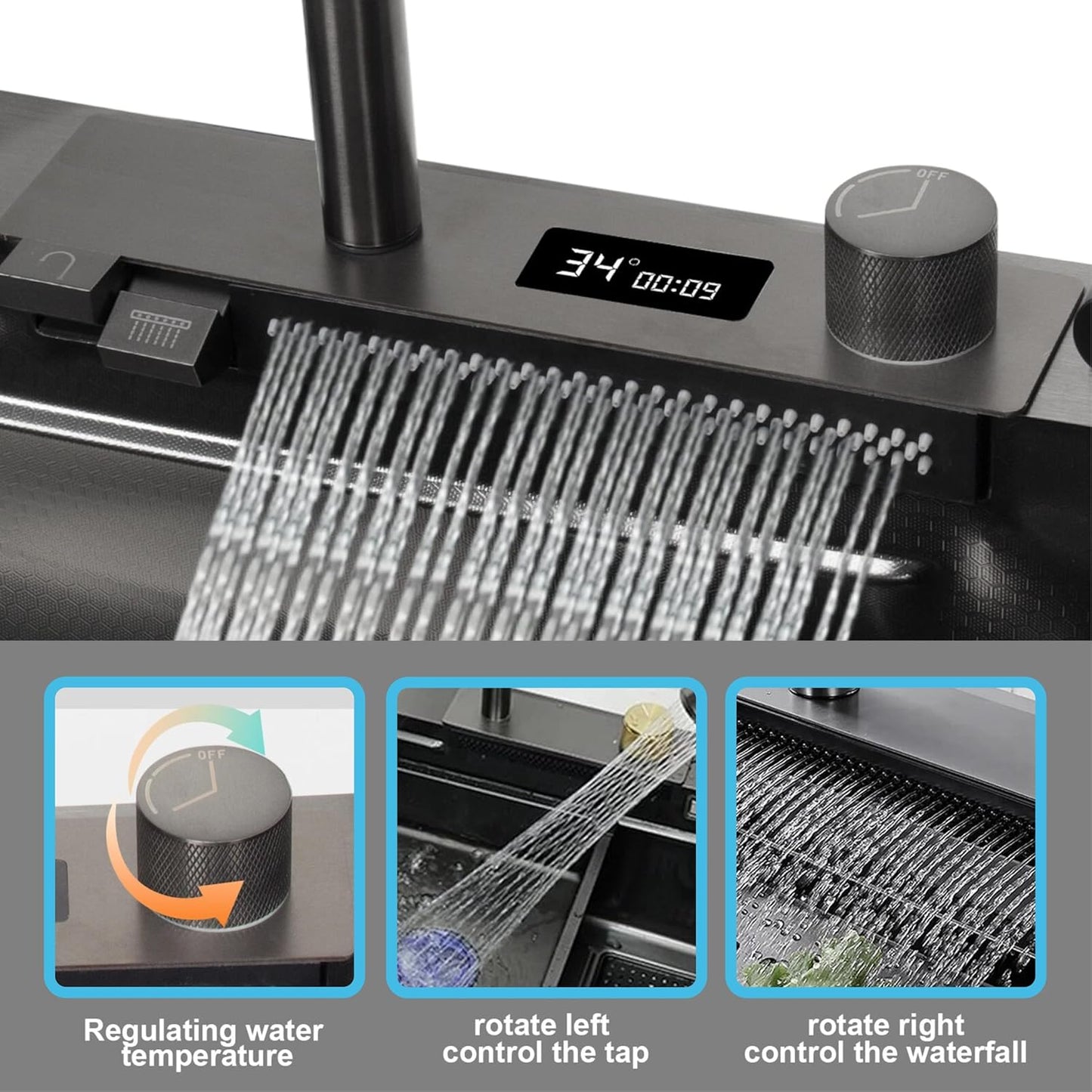 (30 x 18 x 10) Inch 304 Piano Smart Kitchen Sink Black-1