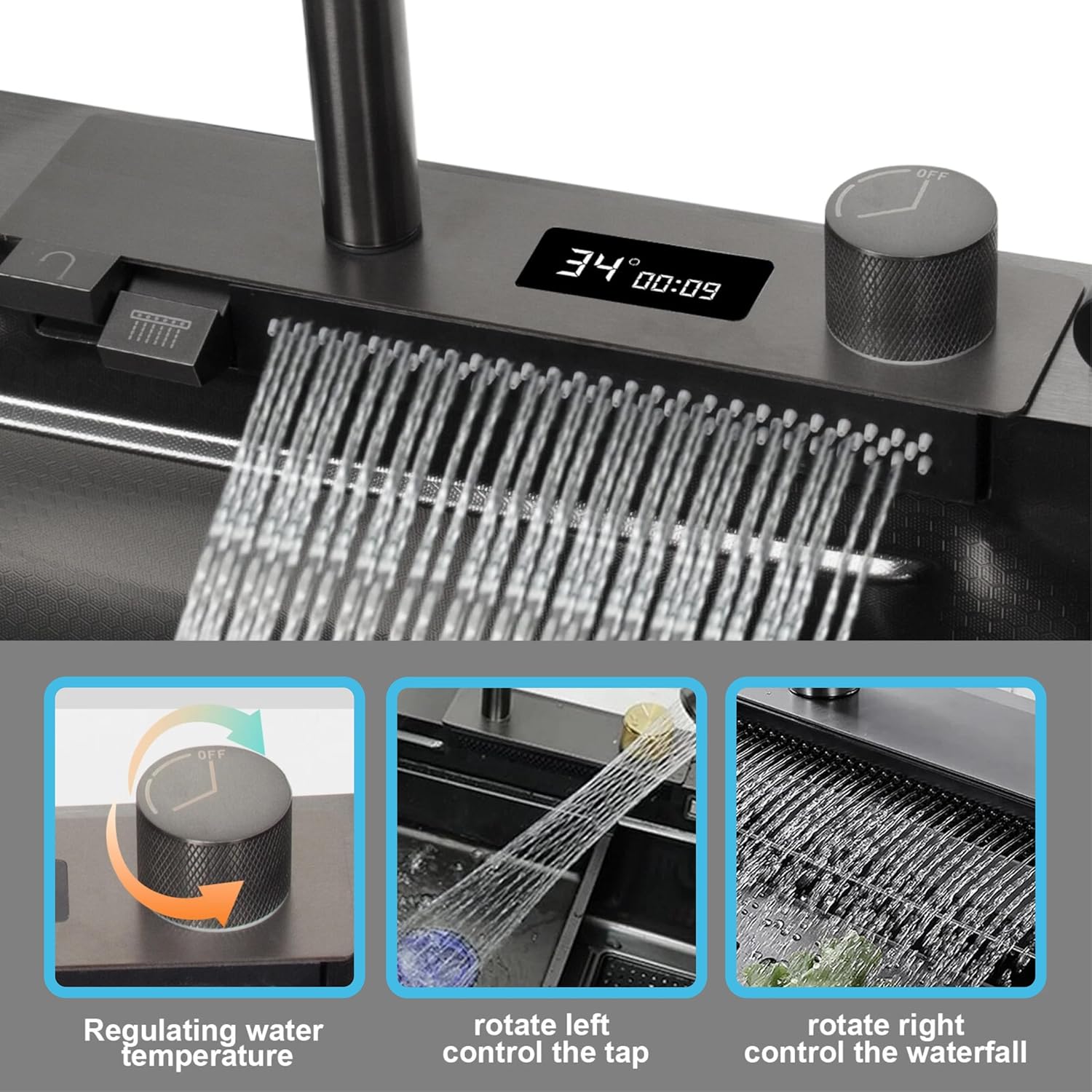 (30 x 18 x 10) Inch 304 Piano Smart Kitchen Sink Black-1