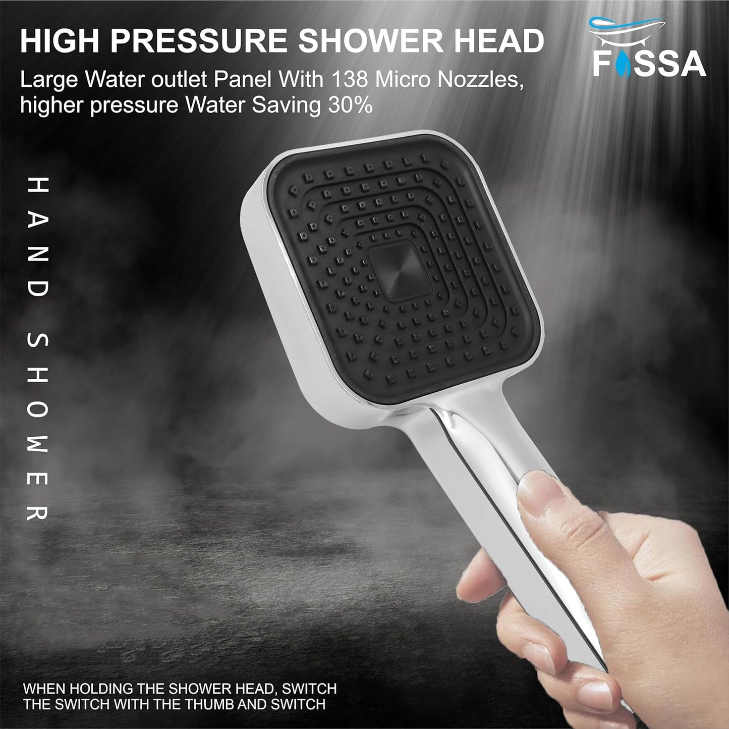 Fossa Alpha Wave Hand Shower – Handheld Shower Head with 2 Spray Modes, ABS Body, | Chrome Finish for Modern Bathrooms only hand shower-1