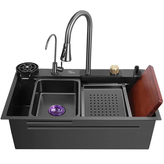 Fossa 27"x18"x10" inch Single Bowl Waterfall Kitchen Sink SS-304 grade Honeycomb Embossed Sink with White Nano Coating, Stainless Steel, Rectangular Workstation, faucet With all Accessories.-0