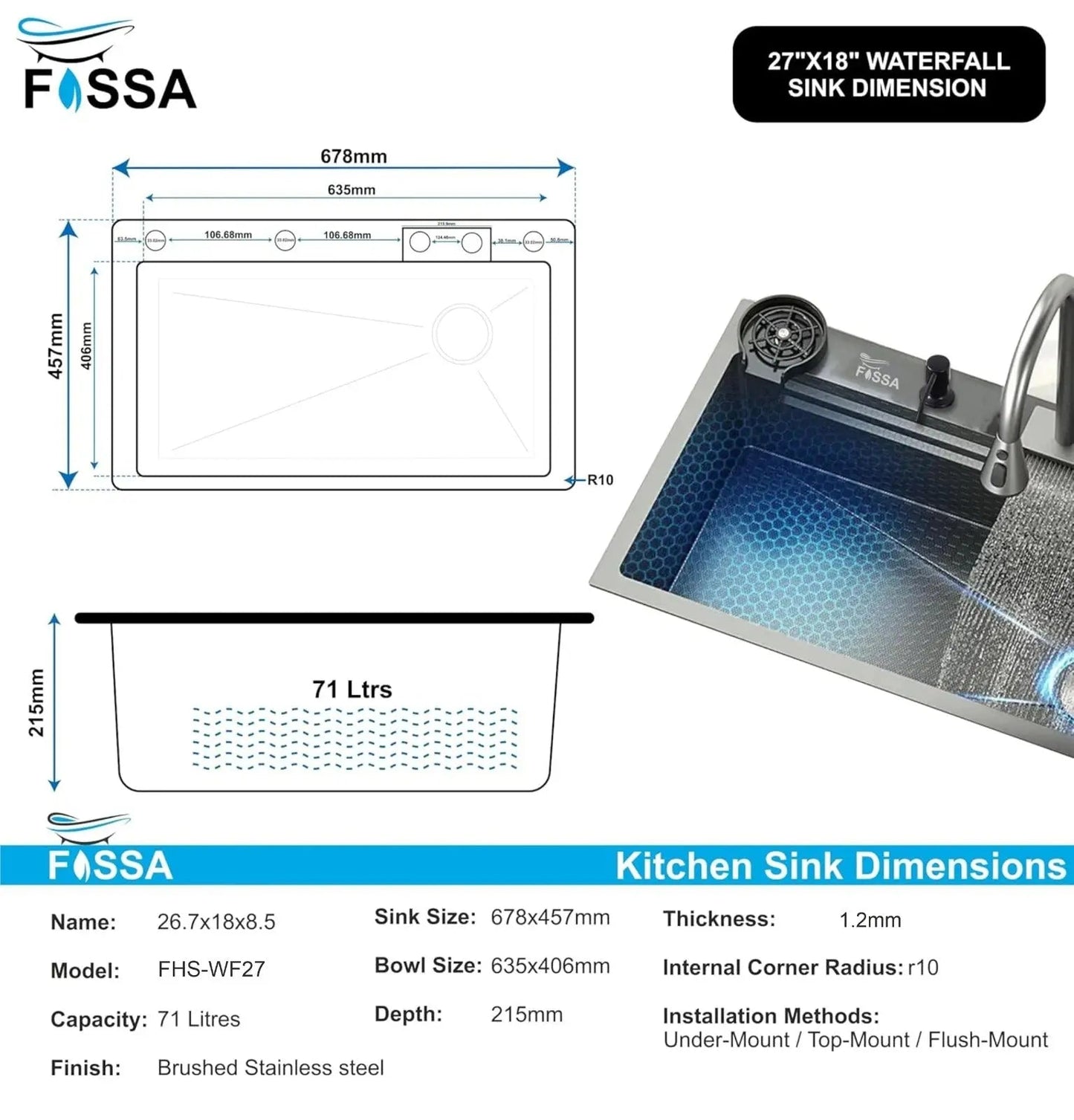 Fossa 27"x18"x10" inch Single Bowl Waterfall Kitchen Sink SS-304 grade Honeycomb Embossed Sink with White Nano Coating, Stainless Steel, Rectangular Workstation, faucet With all Accessories.-1