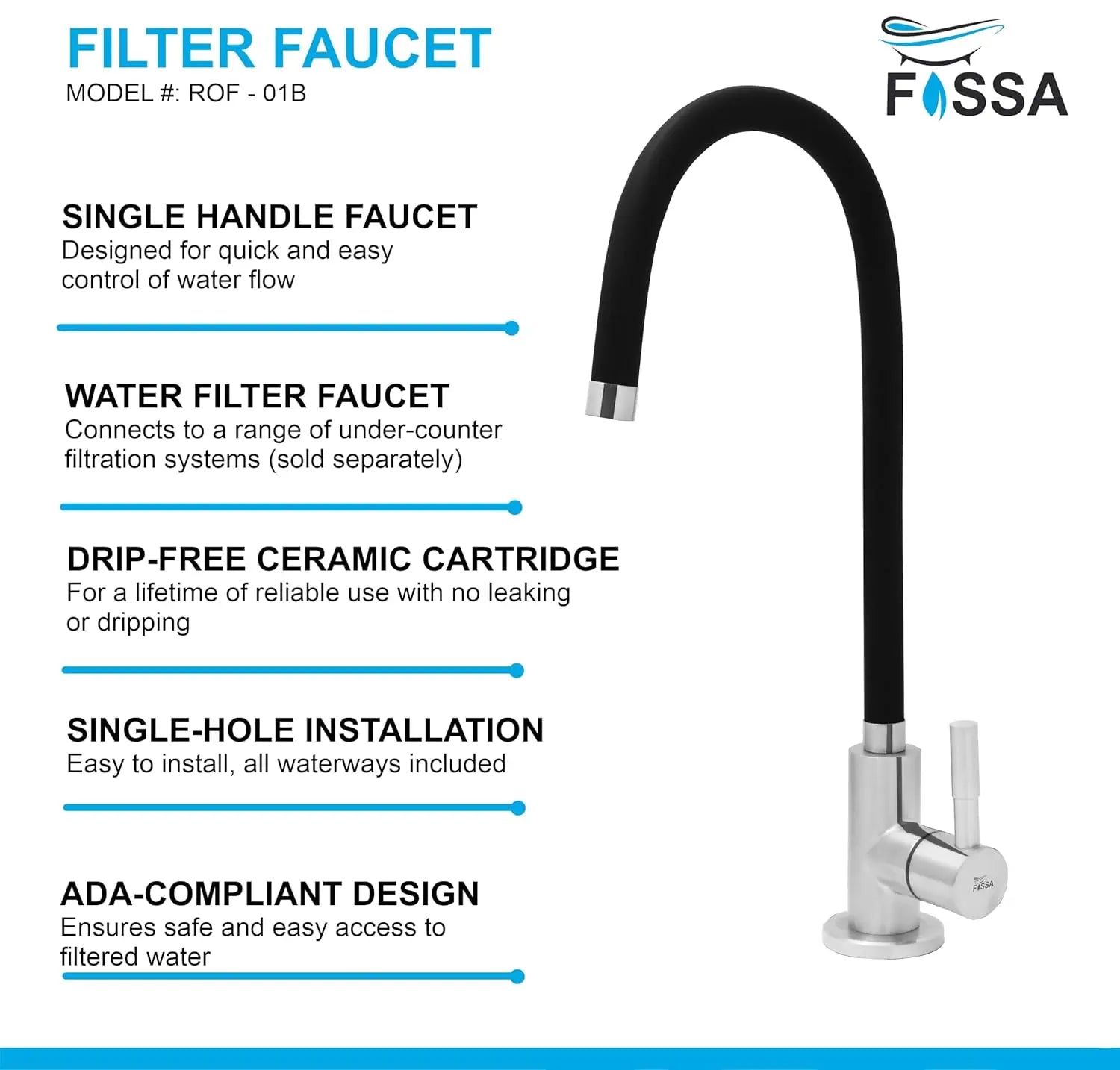 Fossa Stainless Steel RO Tap with Flexible Swivel Spout for Kitchen/Sink/Wash Basin - Matte Finish Black,Water Filter Faucet, 100% Lead-Free Drinking Water Faucet Stainless Steel Body (Black)-3