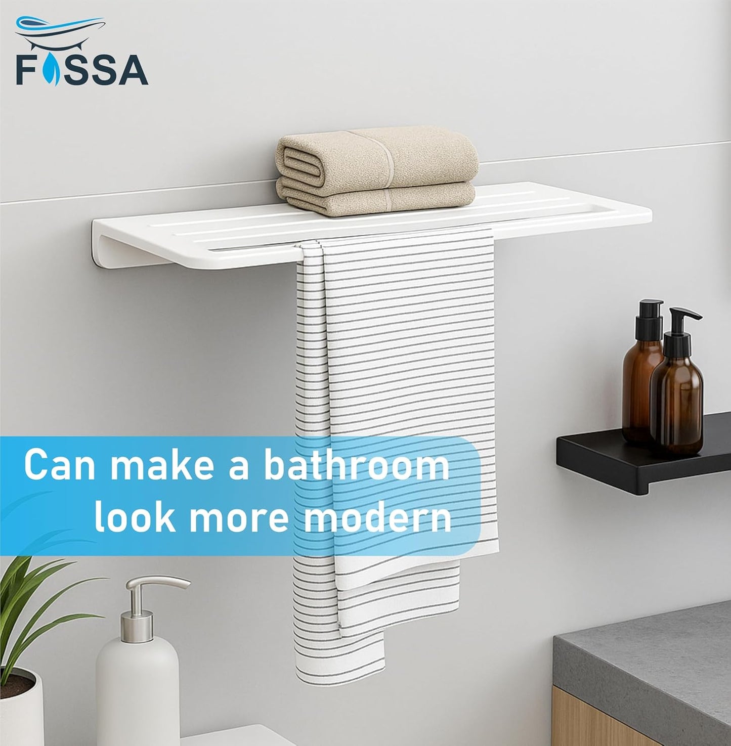 Fossa Space-Saving Wall Mounted Towel Shelf – Foldable Chrome Towel, Durable Bathroom Accessories, Rust Resistant & Stylish Bathroom Fittings | White (Quartz Ceramic)-3