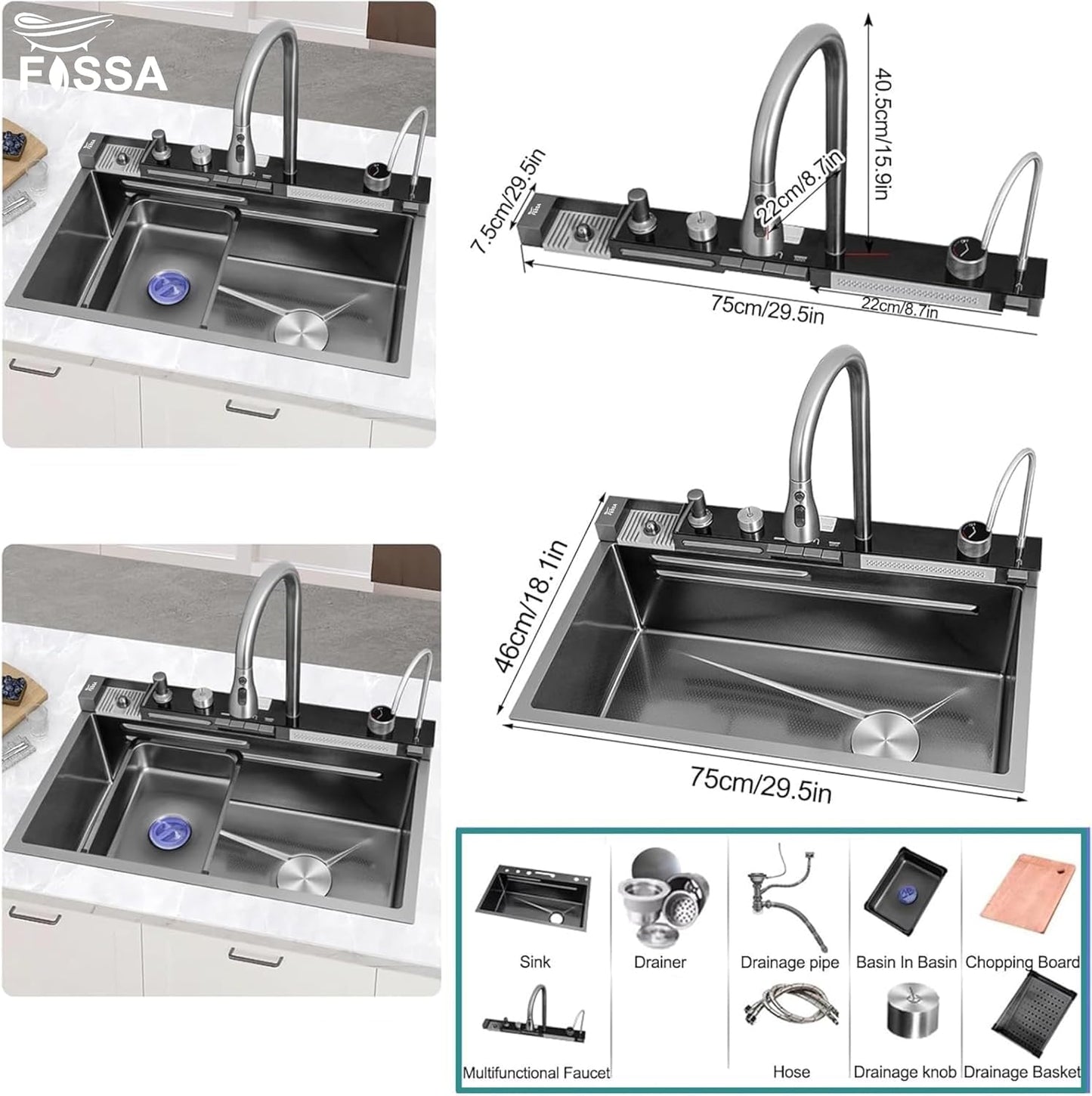 (30 x 18 x 10) Inch Premium Piano Smart Kitchen Sink Black-1
