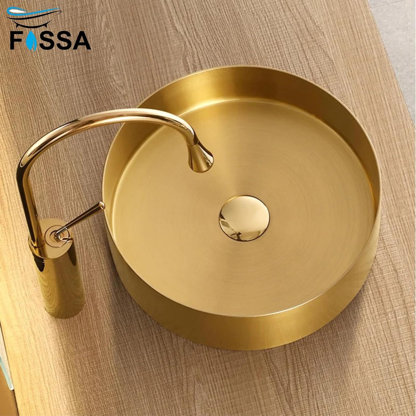 Fossa 15x15x4 Inch Table Top Wash Basin For Bathroom Round Counter Top Wash Basin For Living Room Washbasin Countertop Tabletop stainless steel Bathroom Kitchen Sink Matte Finish Gold (Round)-3