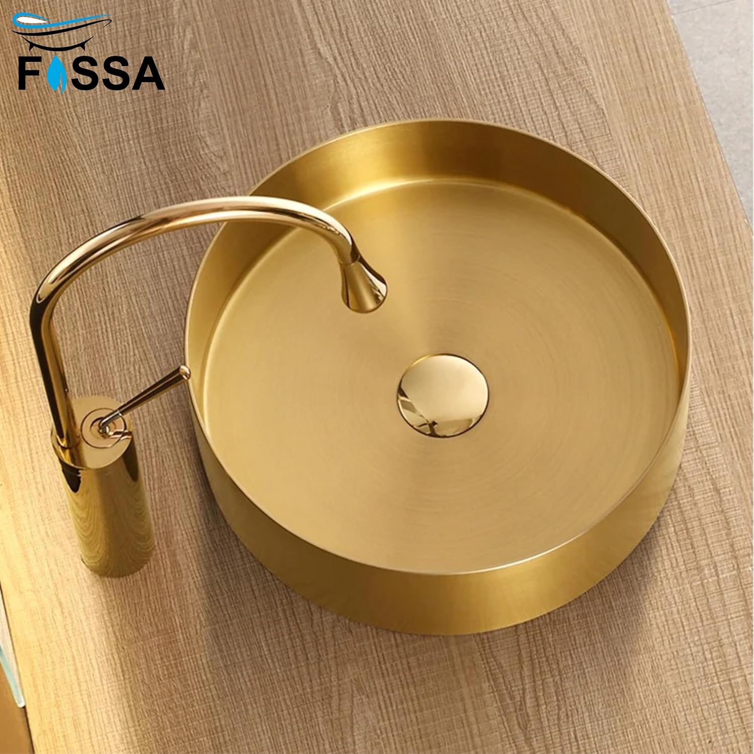 Fossa 15x15x4 Inch Table Top Wash Basin For Bathroom Round Counter Top Wash Basin For Living Room Washbasin Countertop Tabletop stainless steel Bathroom Kitchen Sink Matte Finish Gold (Round)-3