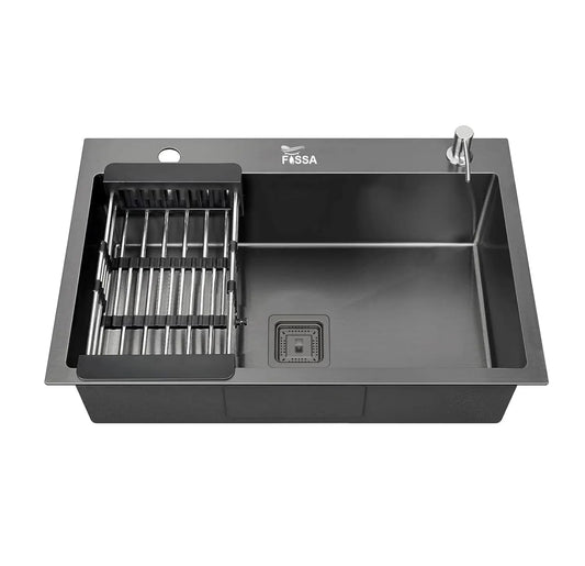Fossa 24"x18"x10" Inch Single Bowl With Tap Hole 304 Grade Stainless Steel Handmade Kitchen Sink (Matte Finish) Black-0