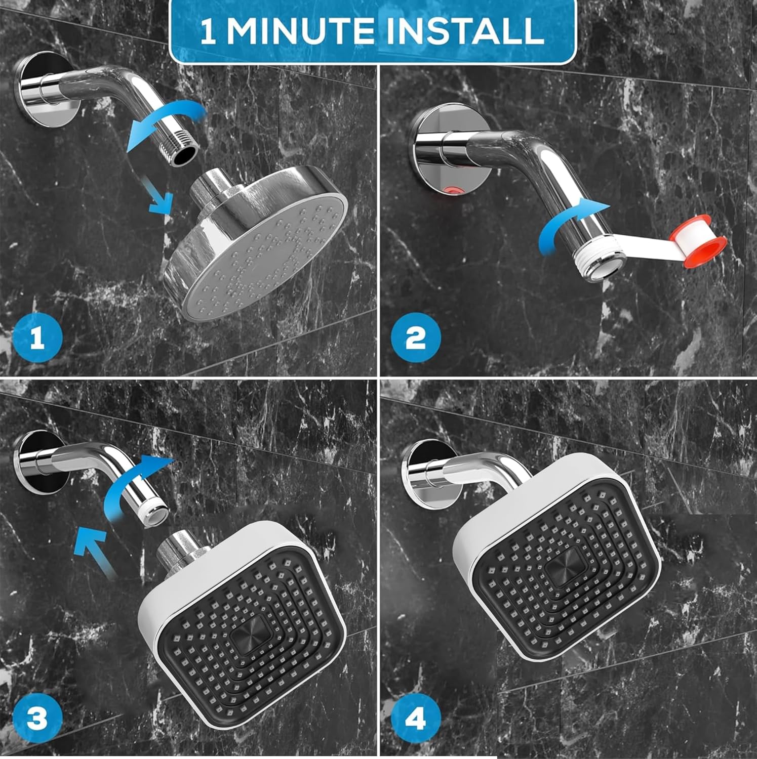 Fossa 4"x4" Square Alpha Wave Shower Head - High Pressure Rain - Luxury Design - 1-Min Install - Easy Clean Adjustable for Your Bathroom Shower Heads Chrome Finish (with 9" Inch Arm)-4