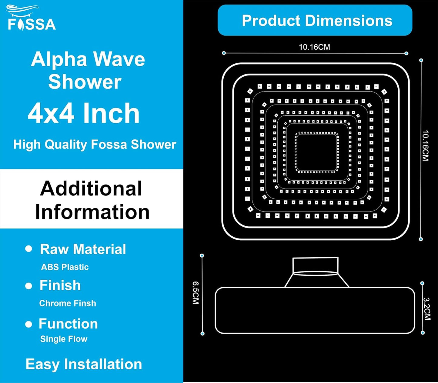 Fossa 4"x4" Square Alpha Wave Shower Head - High Pressure Rain - Luxury Design - 1-Min Install - Easy Clean Adjustable for Your Bathroom Shower Heads Chrome Finish (with 9" Inch Arm)-1