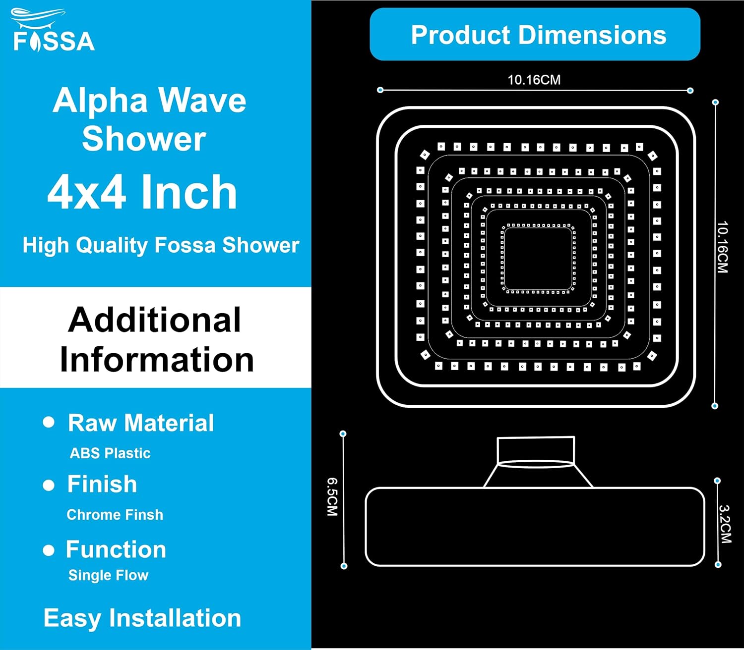 Fossa 4"x4" Square Alpha Wave Shower Head - High Pressure Rain - Luxury Design - 1-Min Install - Easy Clean Adjustable for Your Bathroom Shower Heads Chrome Finish (with 9" Inch Arm)-1