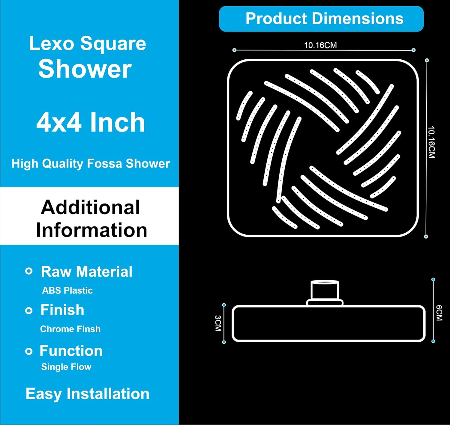 Fossa 4"x4" Square Lexo Shower Head - High Pressure Rain - Luxury Design - 1-Min Install - Easy Clean Adjustable for Your Bathroom Shower Heads (With 9" Arm)-2
