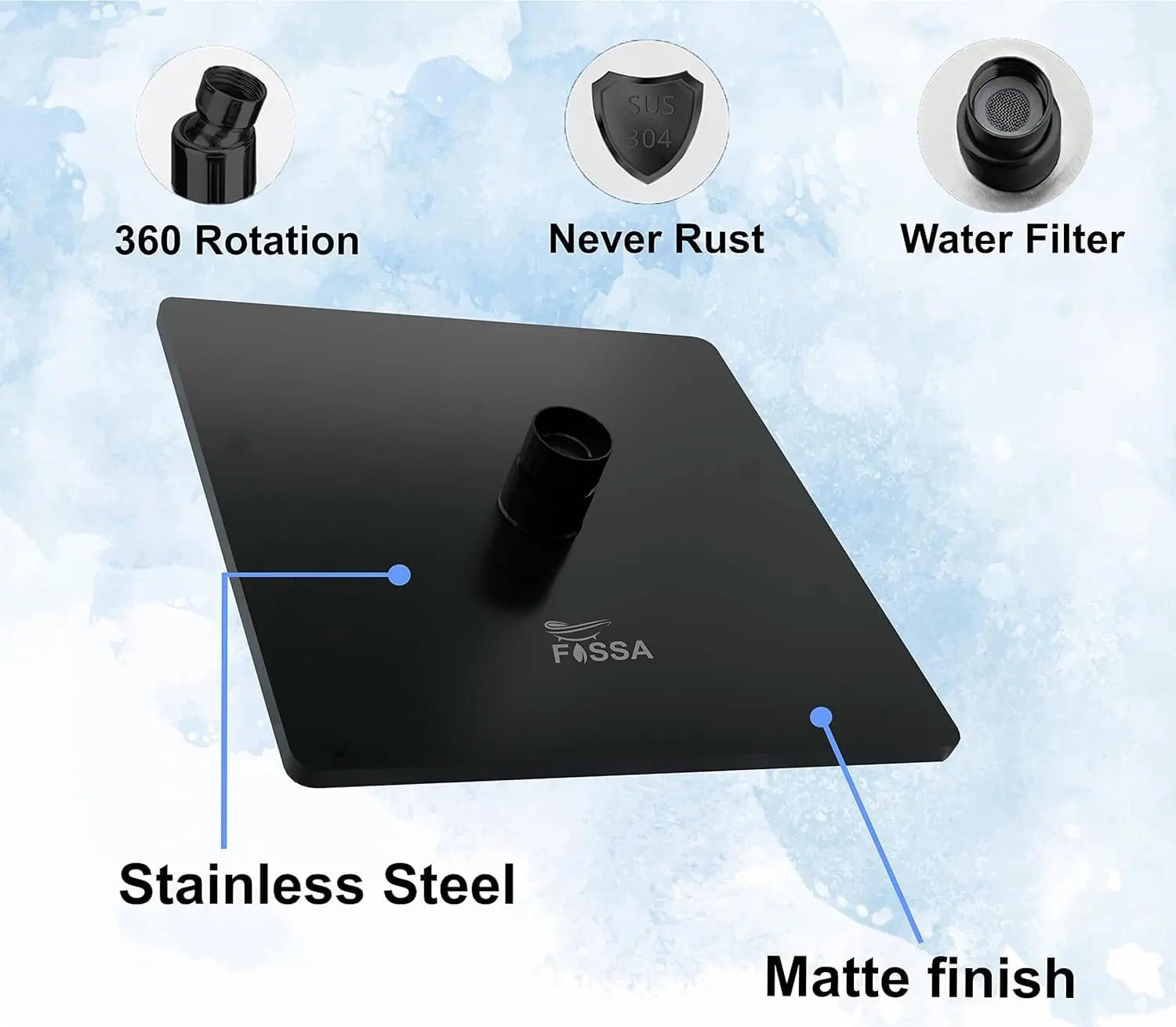 Fossa 8 Inch Rainfall Shower Head 304 Stainless Steel Rain Showers Overhead Wall Mounted (Black)-1