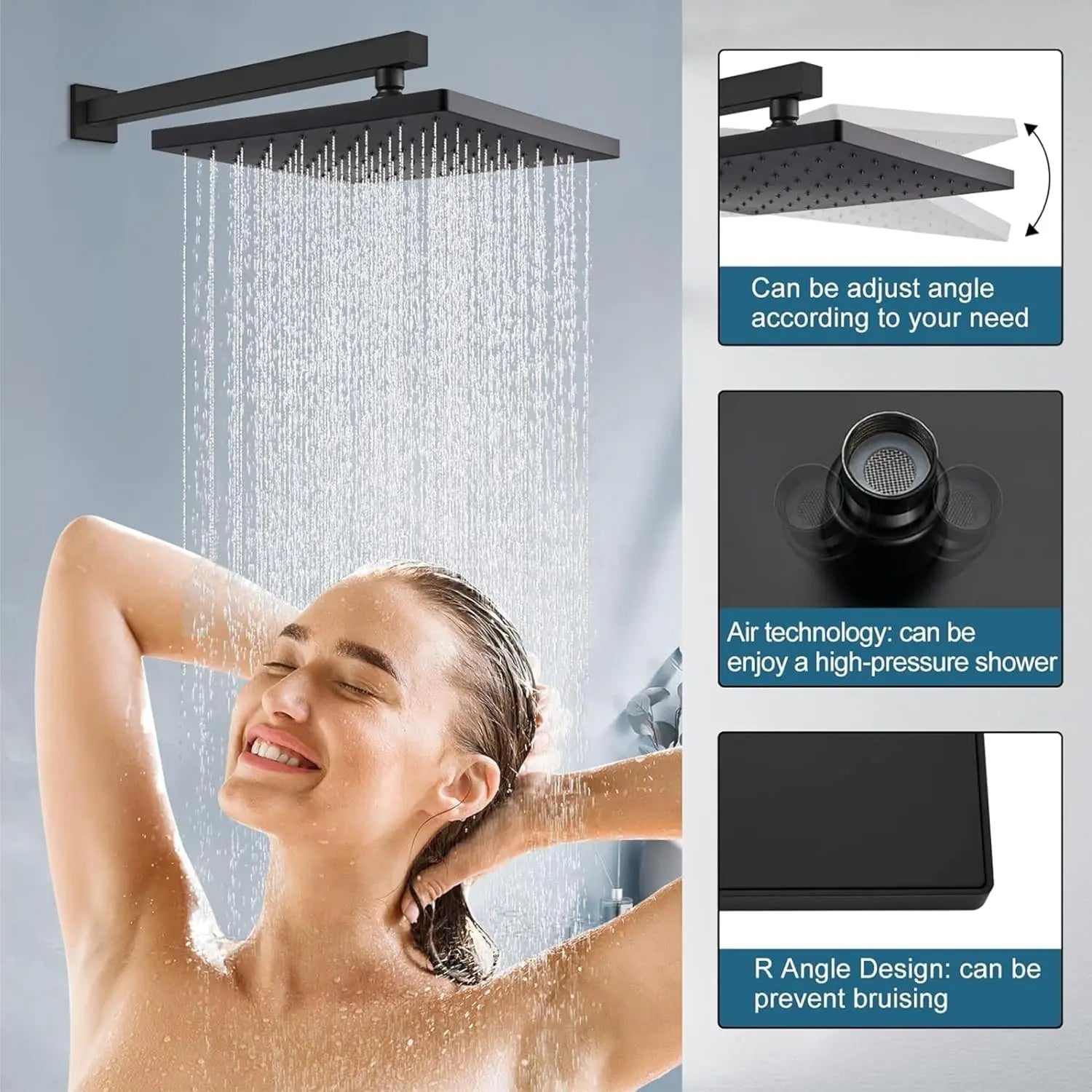 Fossa 8 Inch Rainfall Shower Head 304 Stainless Steel Rain Showers Overhead Wall Mounted (Black)-4