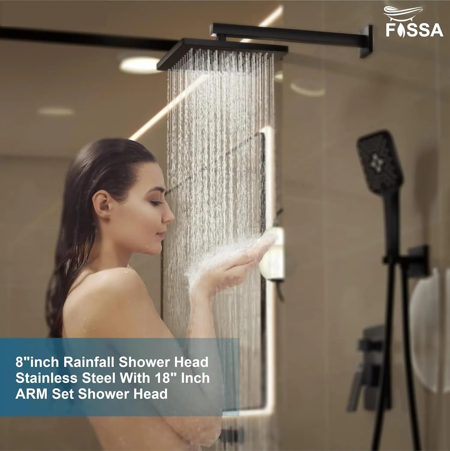 Fossa 8 Inch Rainfall Shower Head 304 Stainless Steel Rain Showers Overhead Wall Mounted (Black)-2