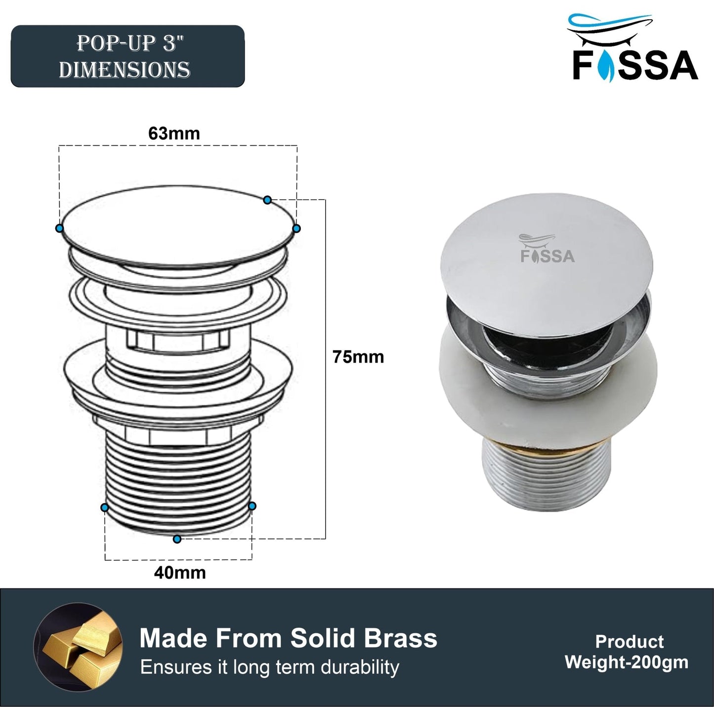 Fossa 3" Inch Brass Pop Up Waste Coupling with Smooth Push Button,Waste Coupling,Drain Out let System Pop up Full Threaded Waste Coupling (Chrome Finish)-1