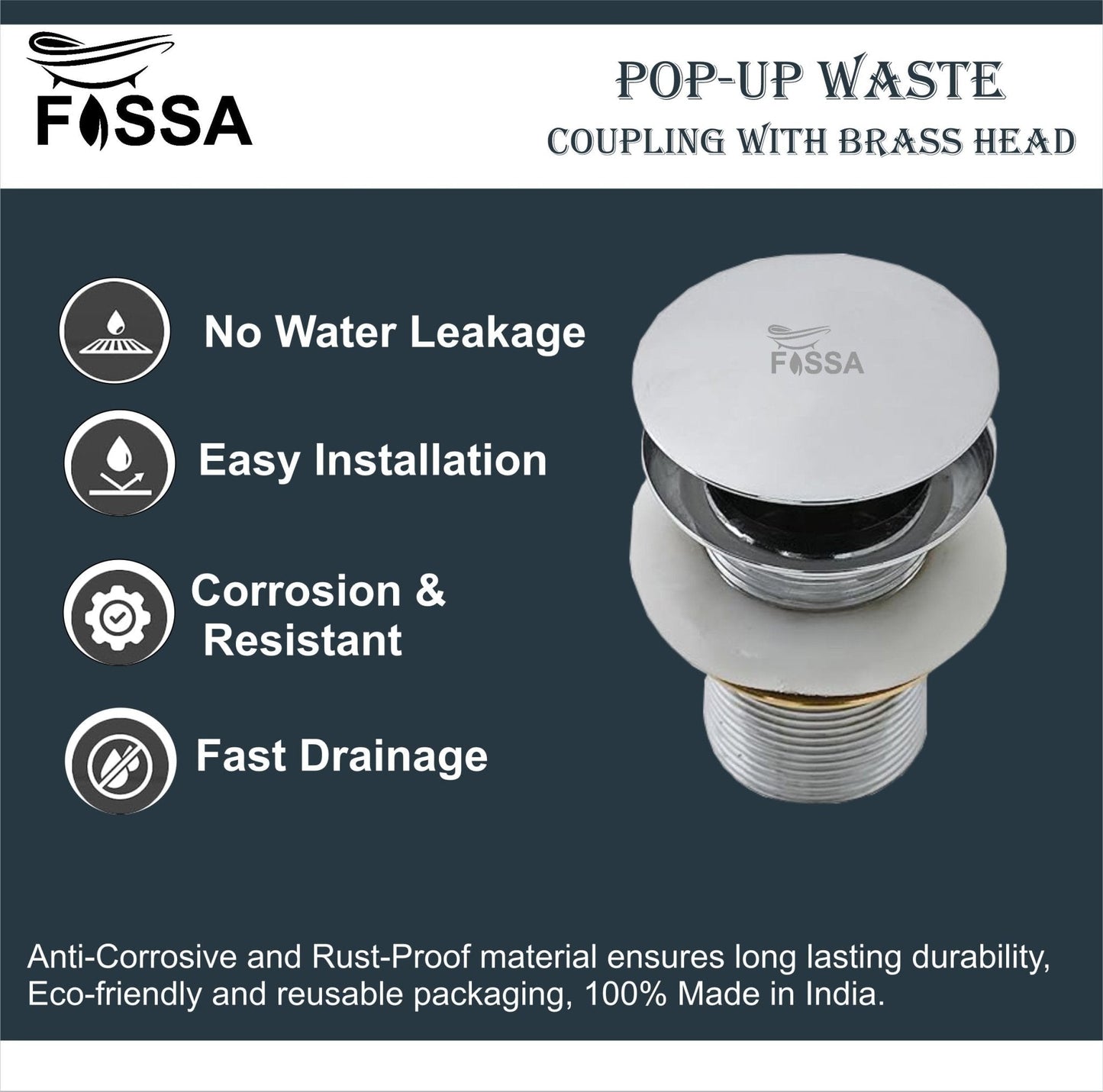 Fossa 3" Inch Brass Pop Up Waste Coupling with Smooth Push Button,Waste Coupling,Drain Out let System Pop up Full Threaded Waste Coupling (Chrome Finish)-2