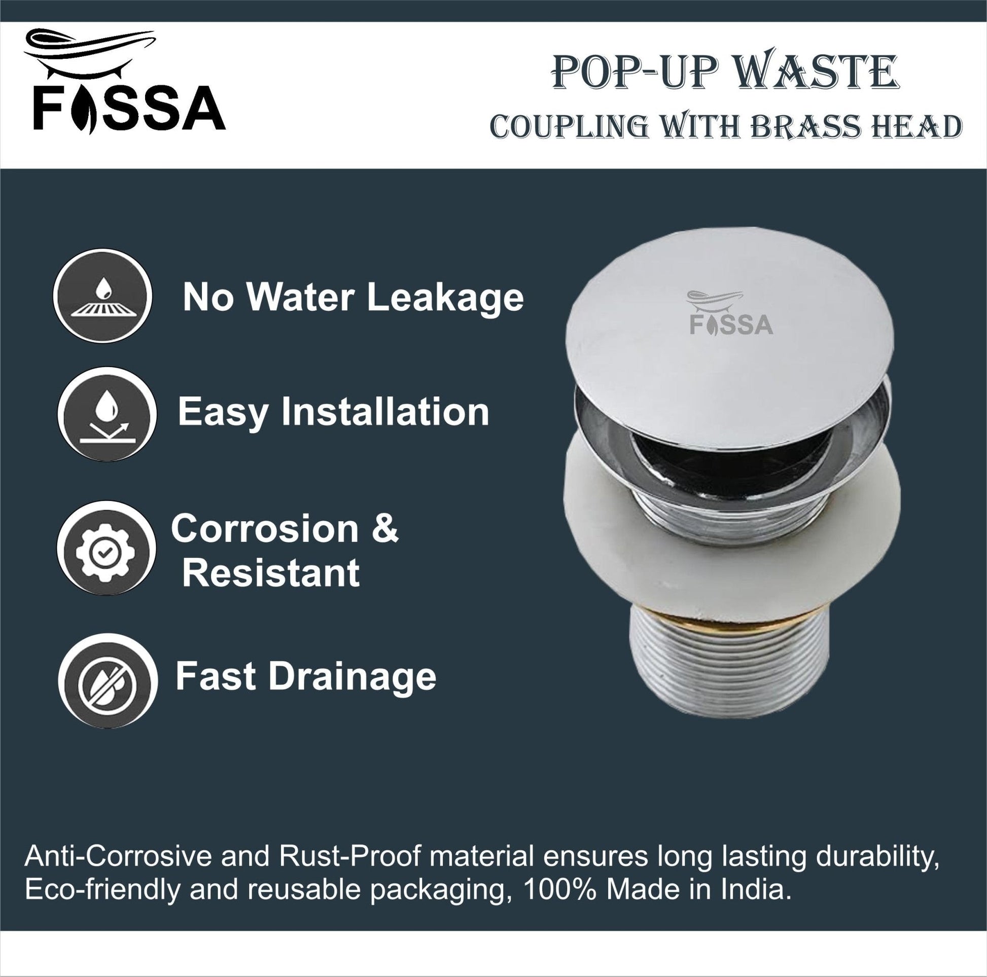 Fossa 3" Inch Brass Pop Up Waste Coupling with Smooth Push Button,Waste Coupling,Drain Out let System Pop up Full Threaded Waste Coupling (Chrome Finish)-2